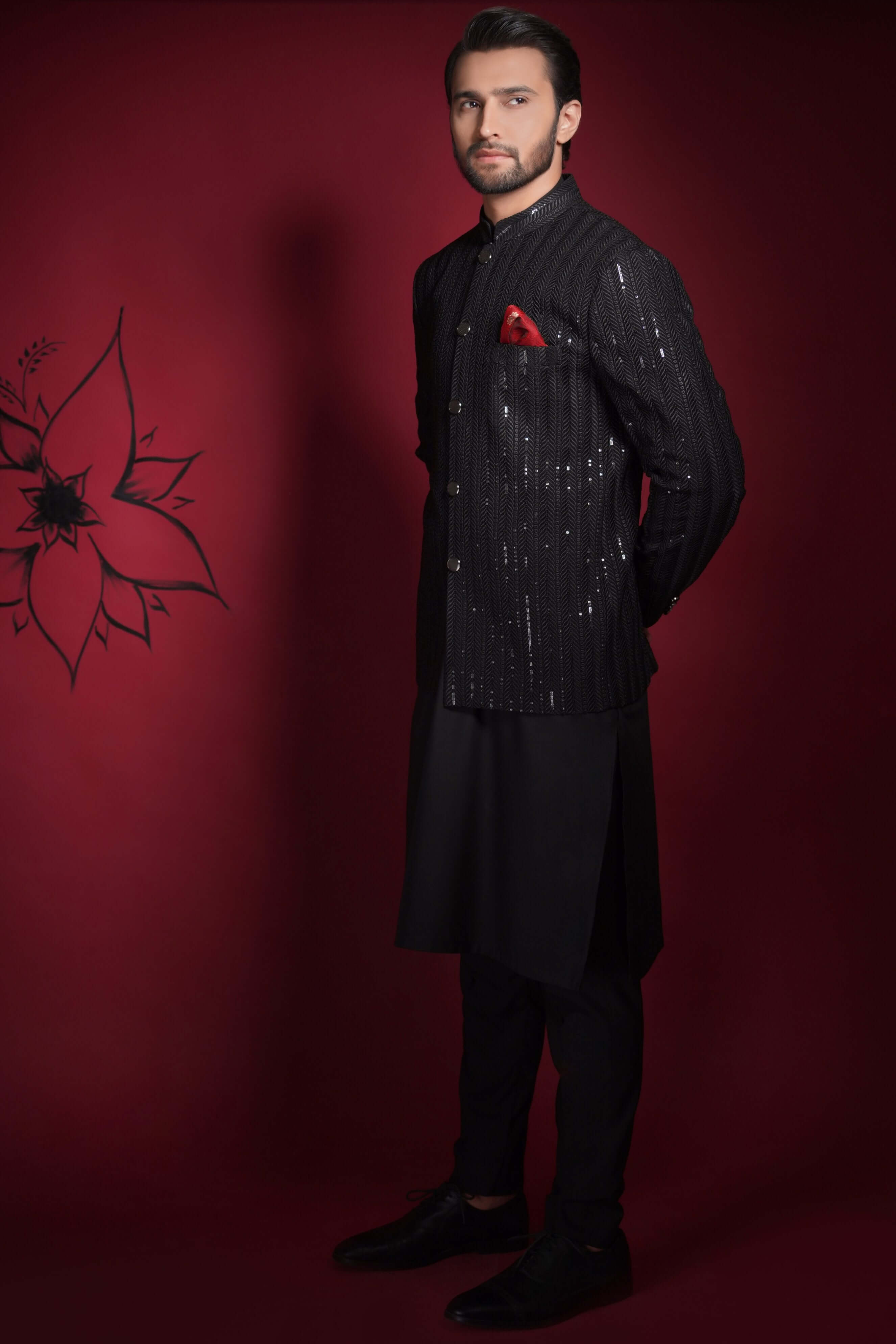 Black Resham & Sequin Embroidered Prince Jacket (3-Piece) - Image 3