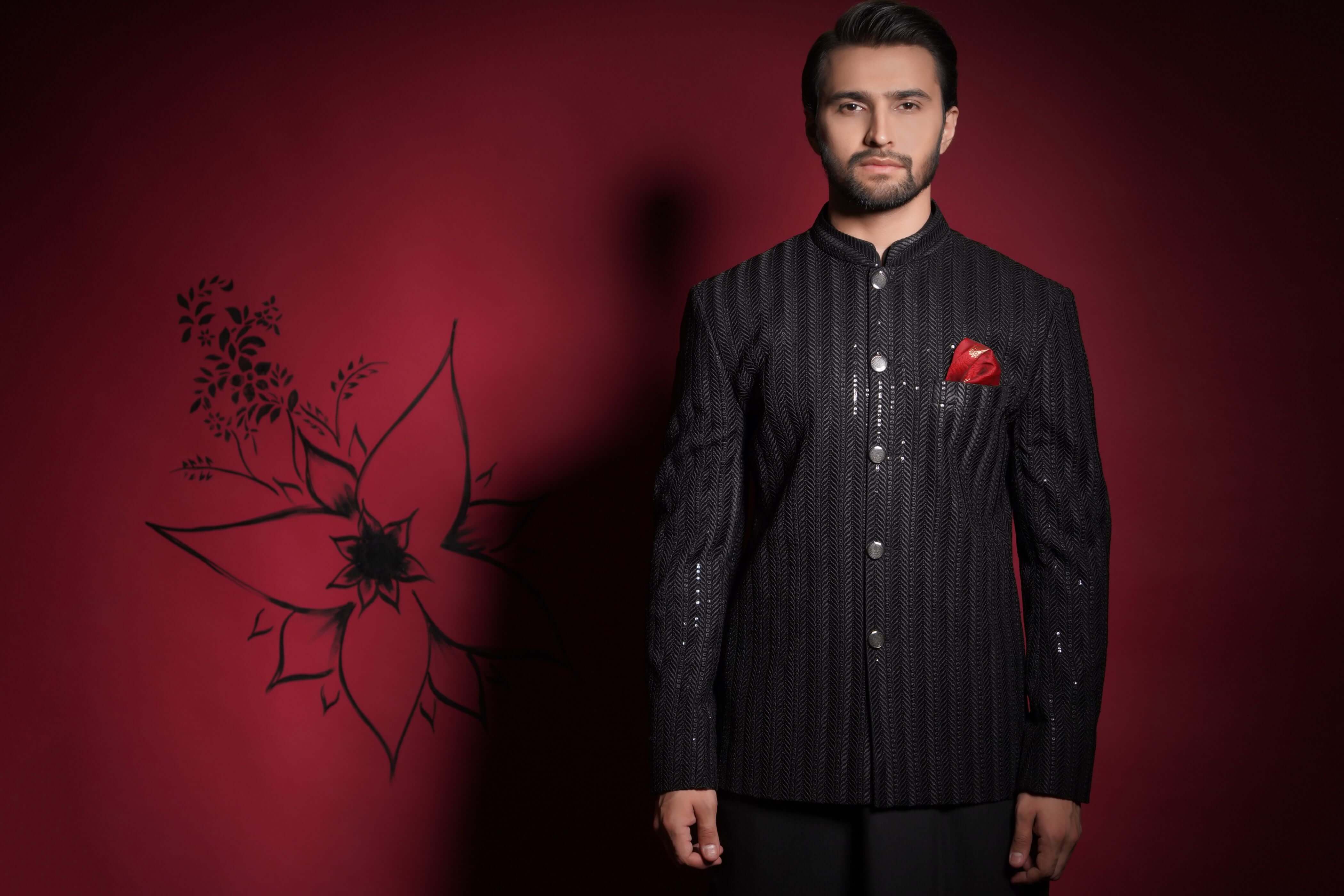 Black Resham & Sequin Embroidered Prince Jacket (3-Piece) - Image 5