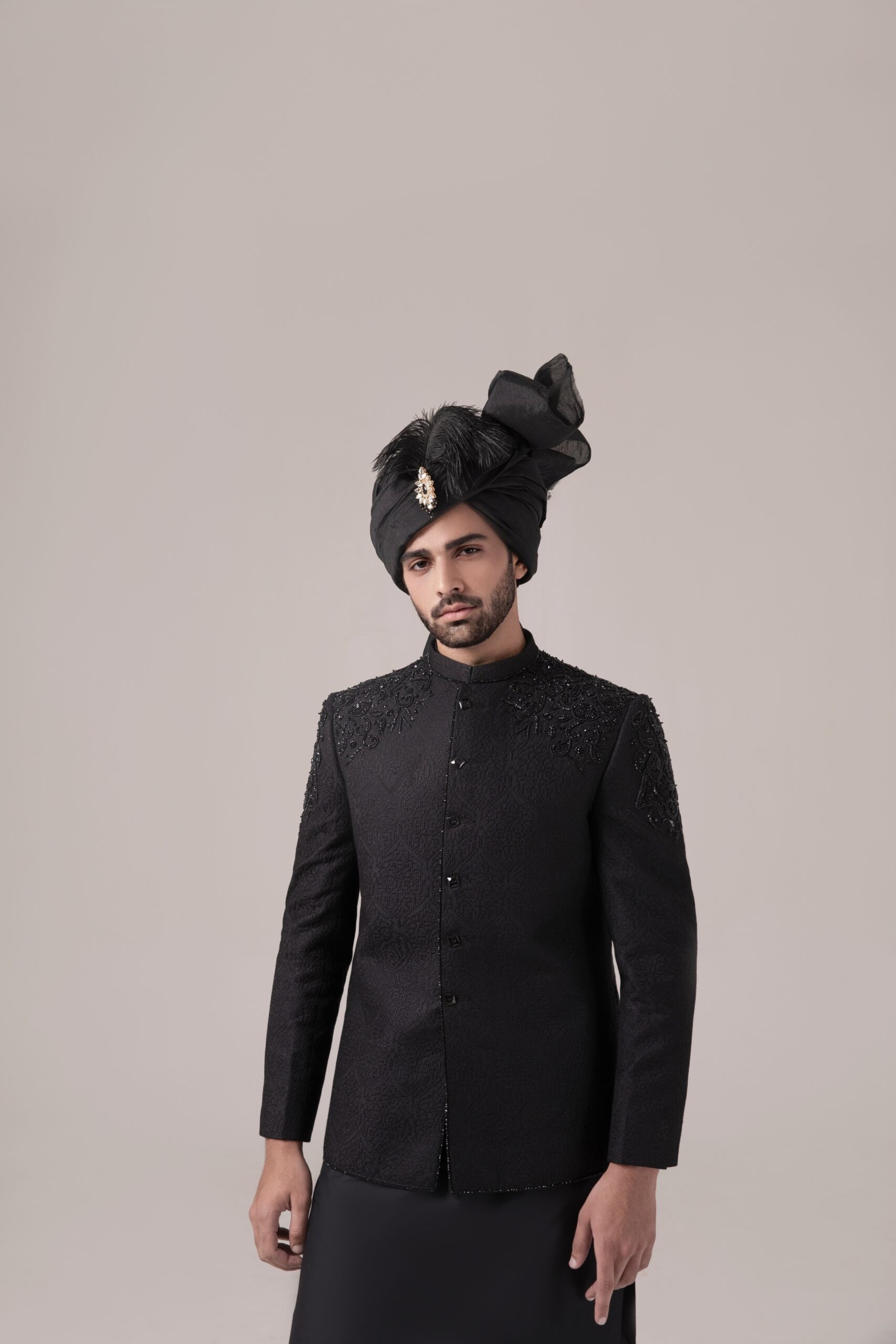 Black Hand-Embroidered Suiting Prince Coat (1-Pc) - Image 1