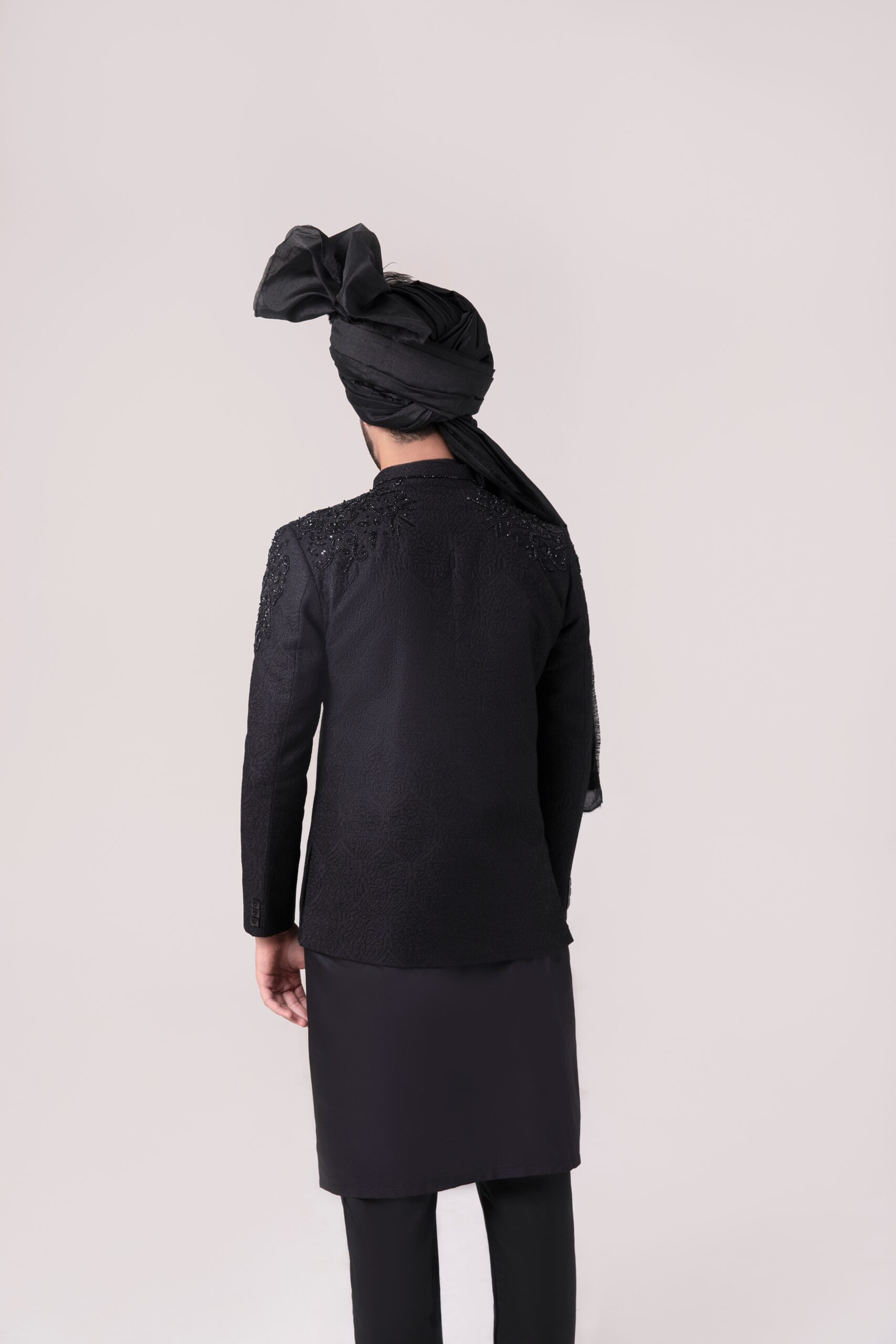 Black Hand-Embroidered Suiting Prince Coat (1-Pc) - Image 4