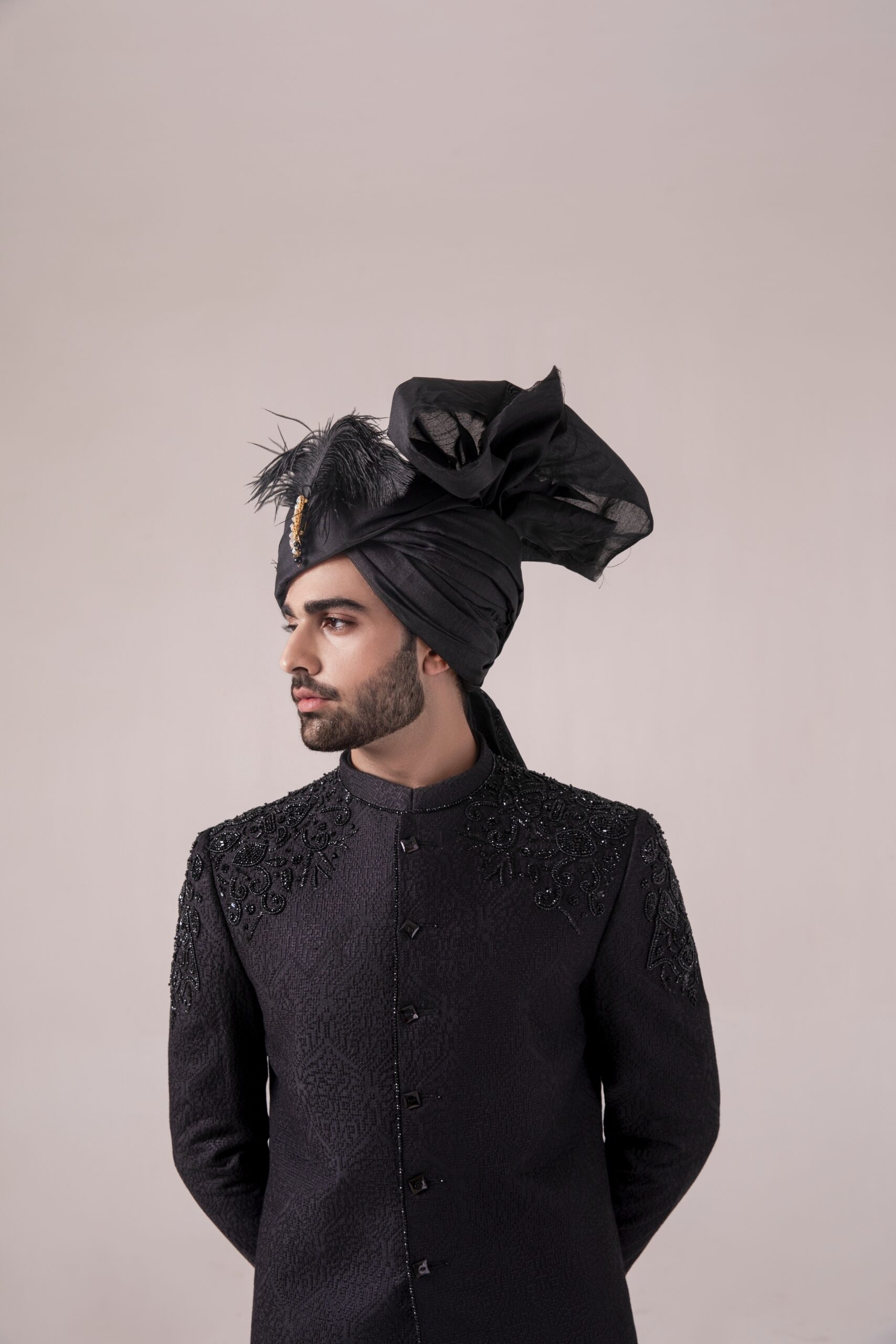 Black Hand-Embroidered Suiting Prince Coat (1-Pc) - Image 5