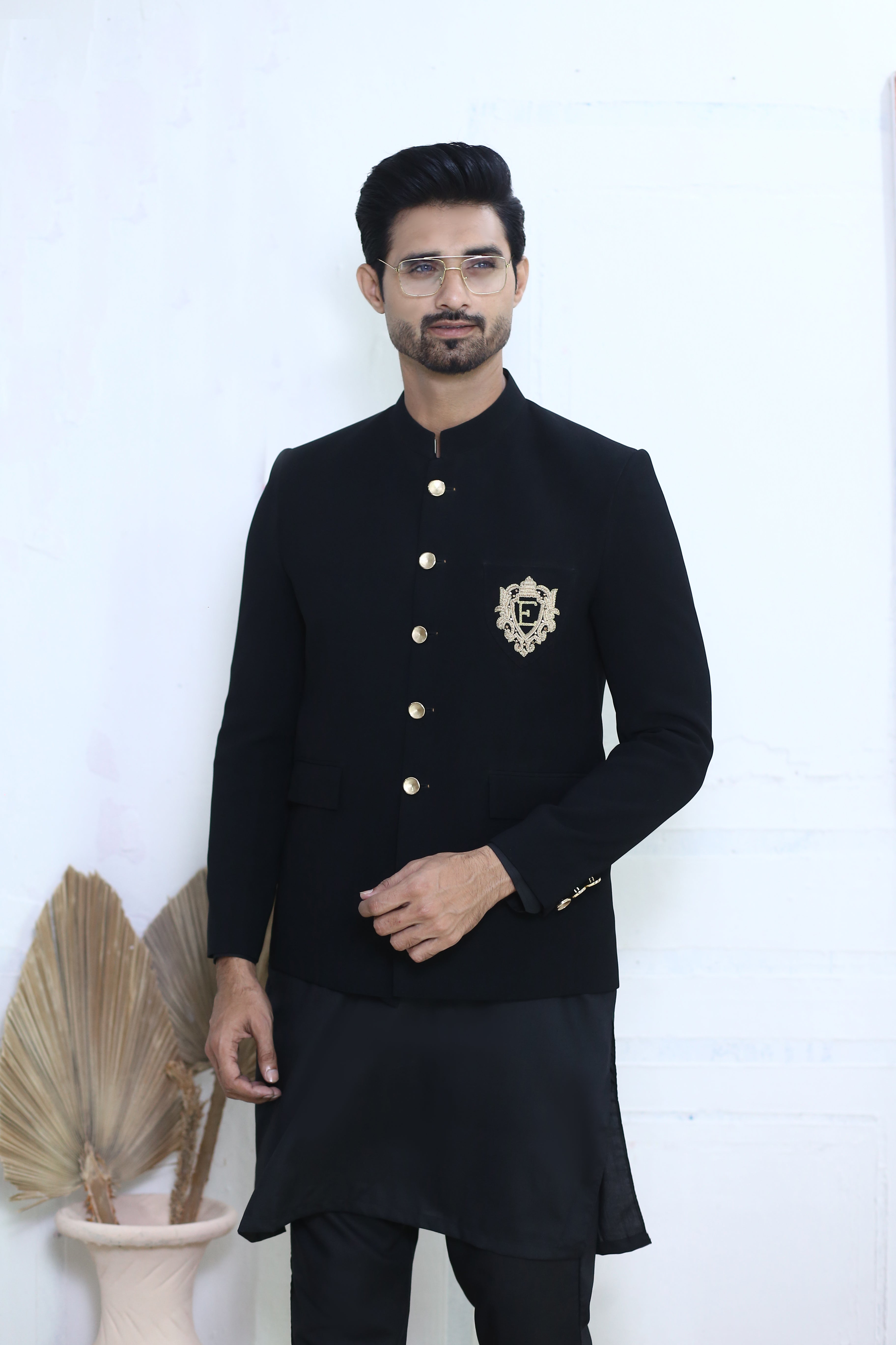 Jet Black Embellished Crest Prince Coat (3-Piece) - Image 1