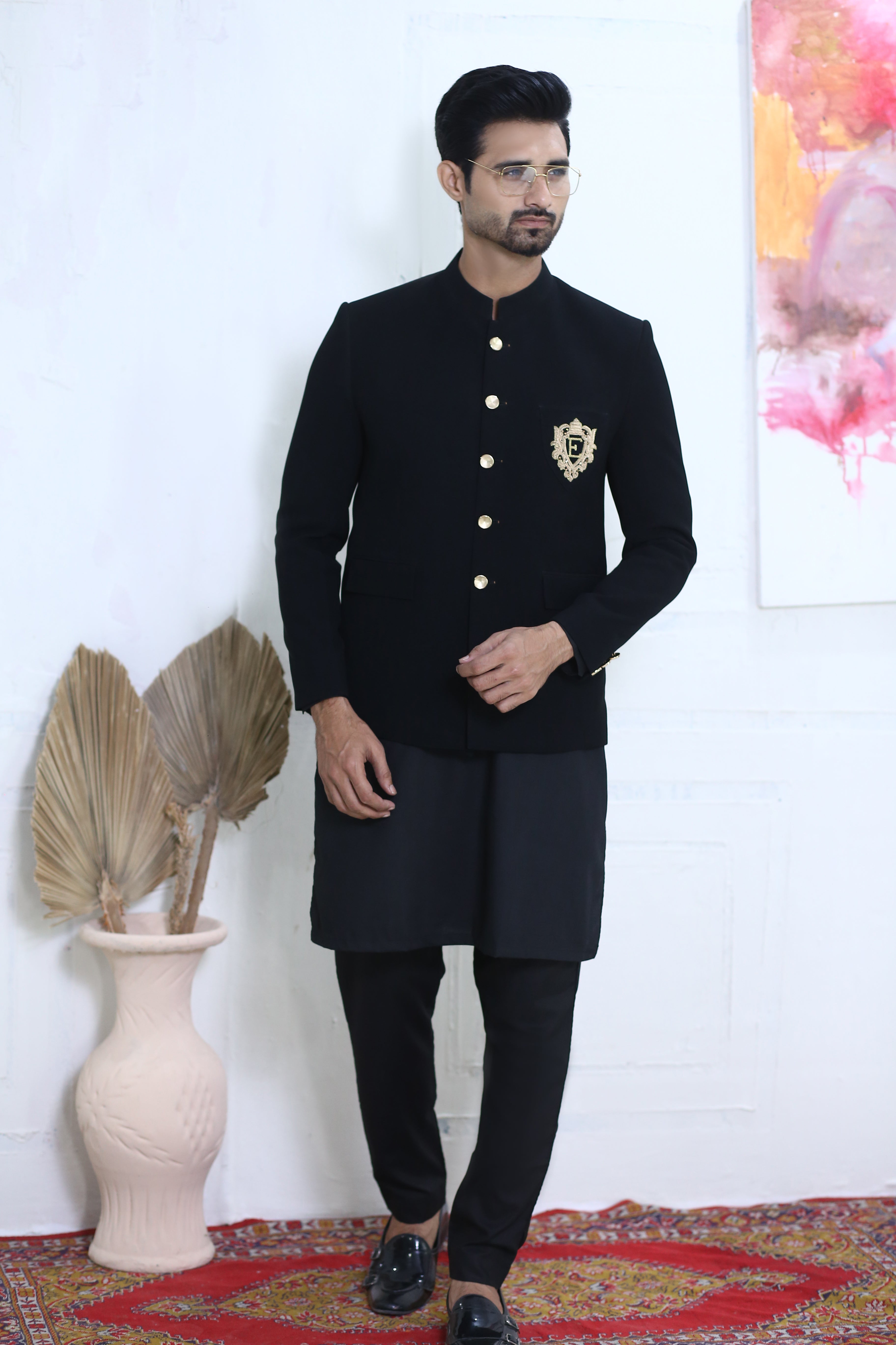 Jet Black Embellished Crest Prince Coat (3-Piece) - Image 2