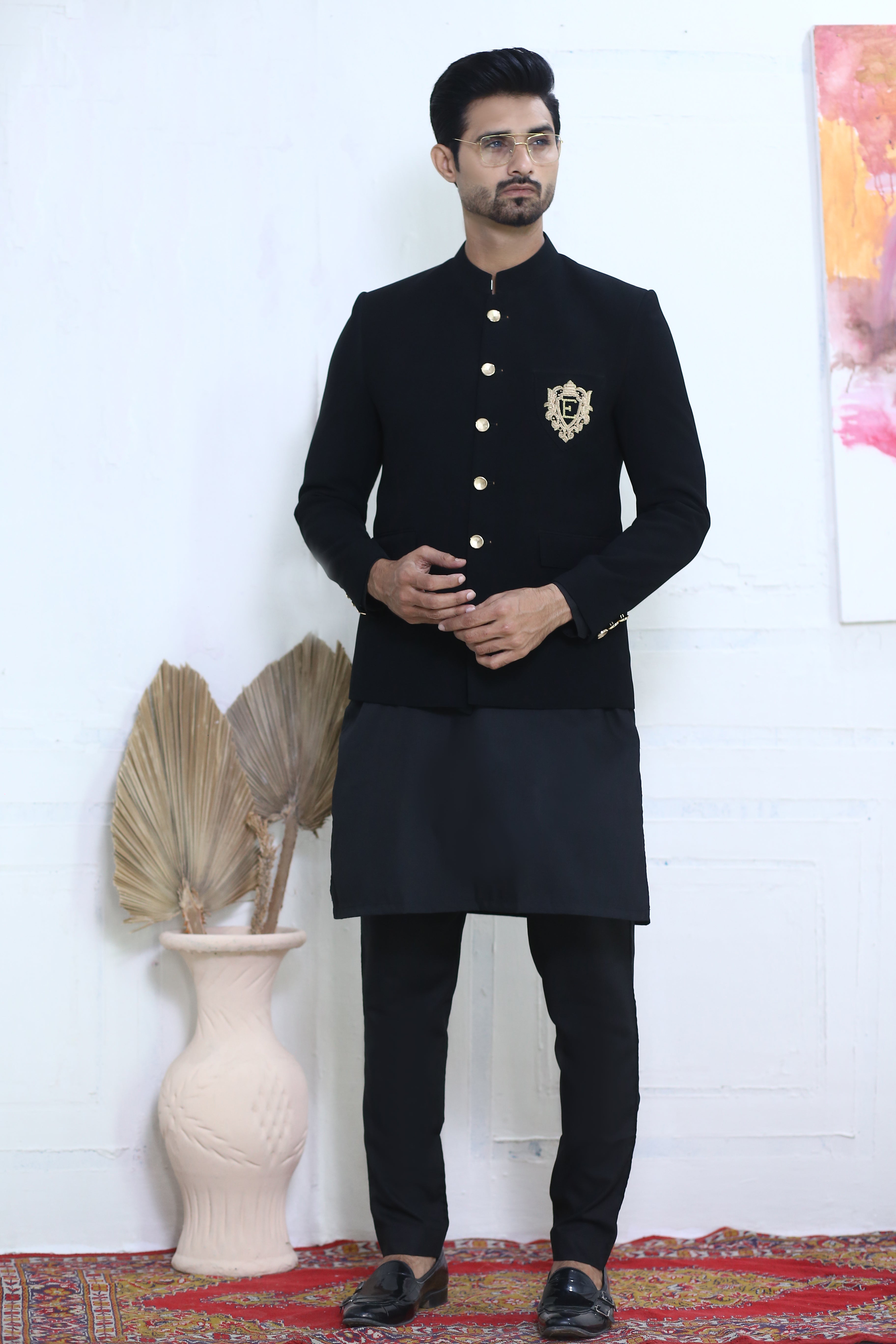 Jet Black Embellished Crest Prince Coat (3-Piece) - Image 4