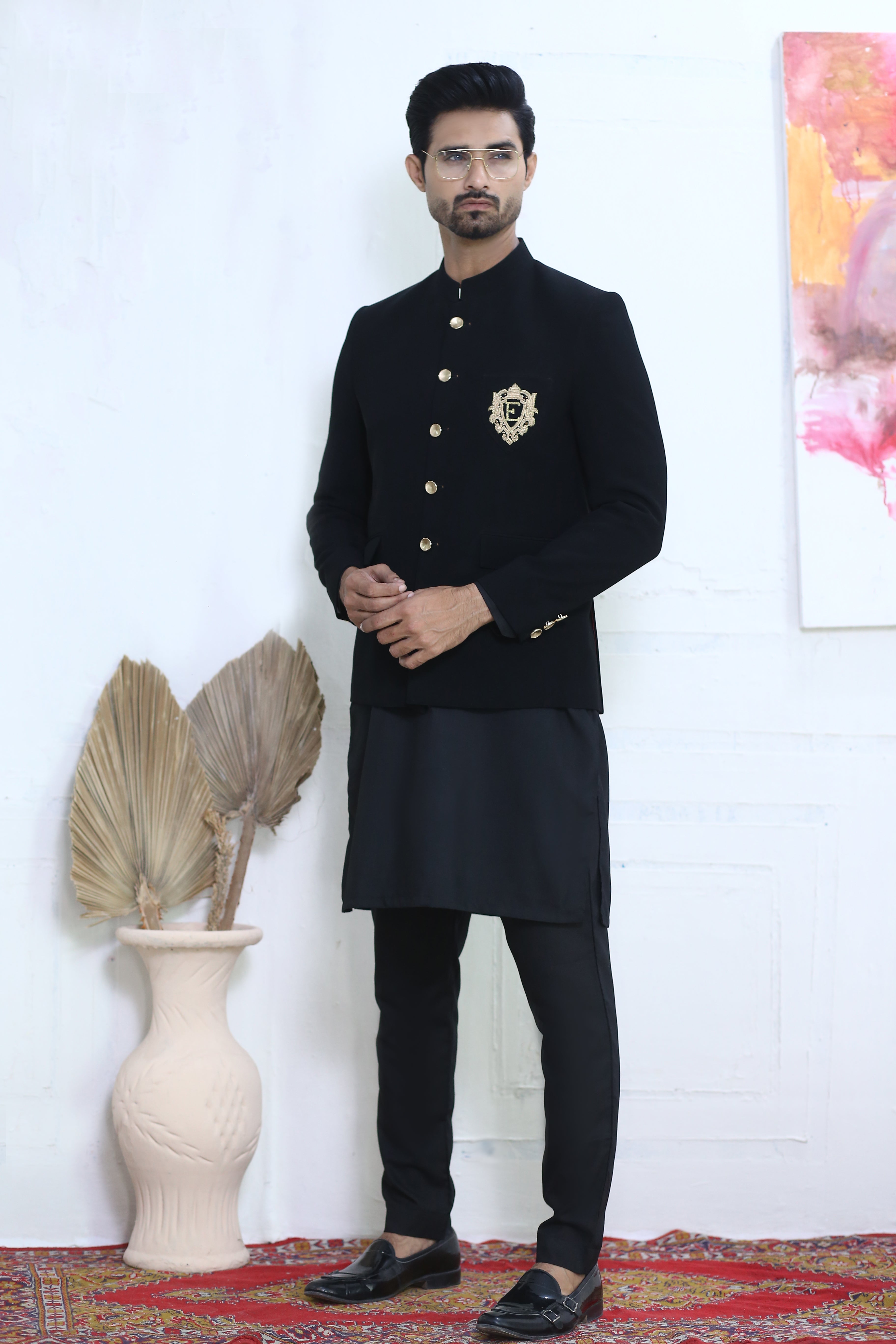 Jet Black Embellished Crest Prince Coat (3-Piece) - Image 5