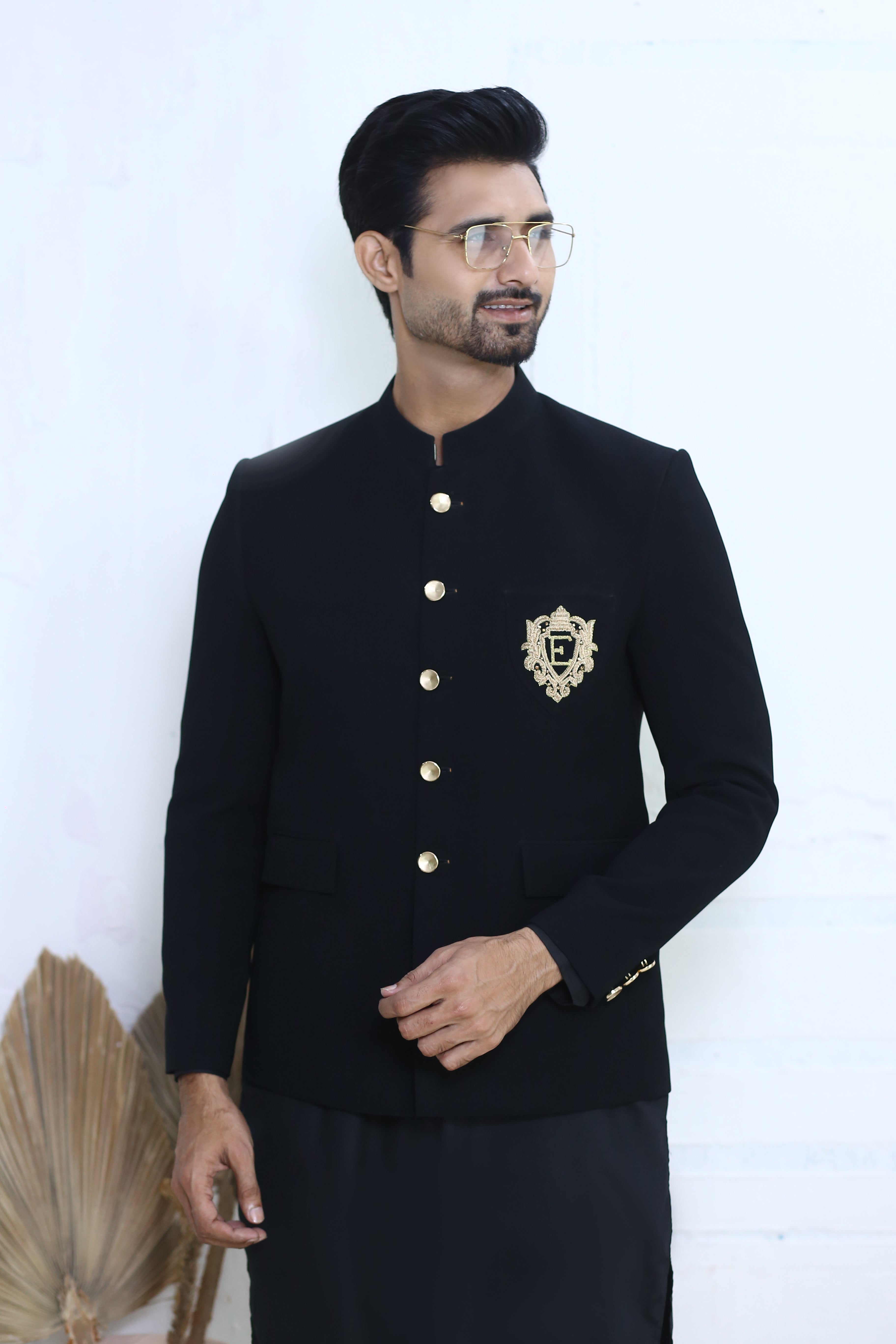 Jet Black Embellished Crest Prince Coat (3-Piece) - Image 6