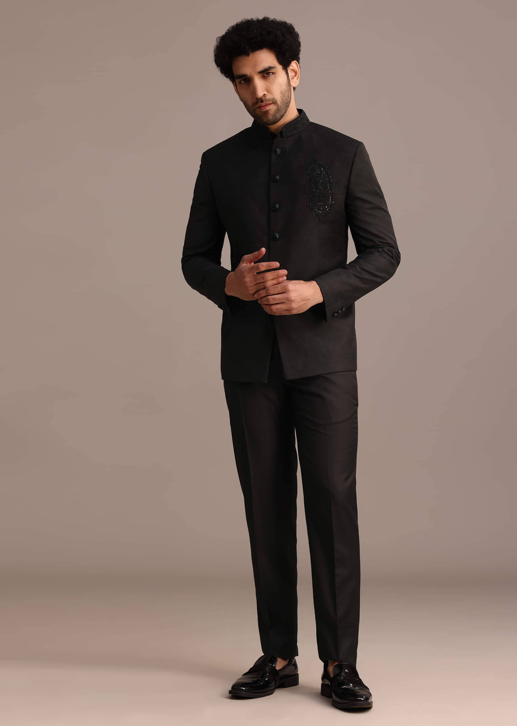 Black Zari Sequin Suiting Jodhpuri Set (2-Piece) - Image 3