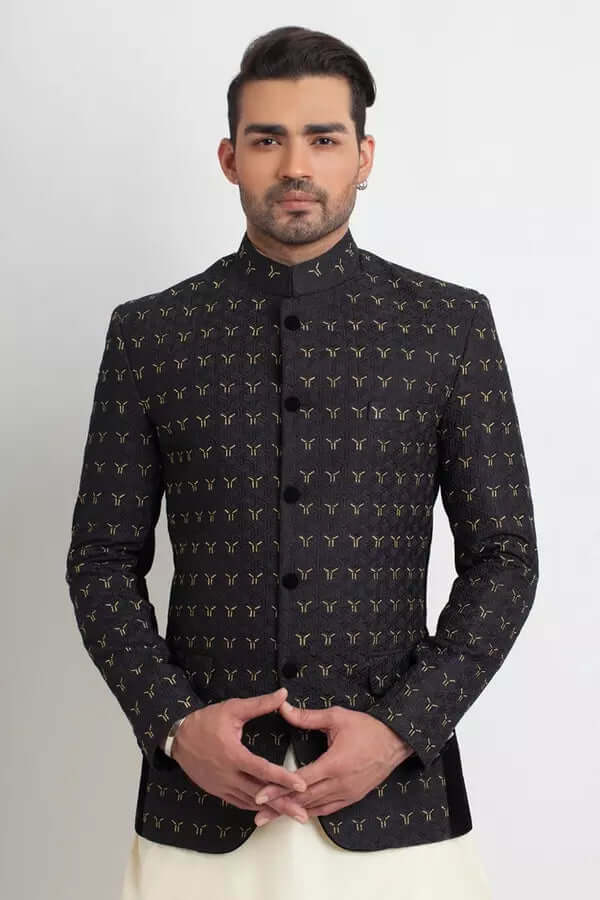 Jet Black Embroidered Textured Silk Prince Coat (2-Piece) - Image 1