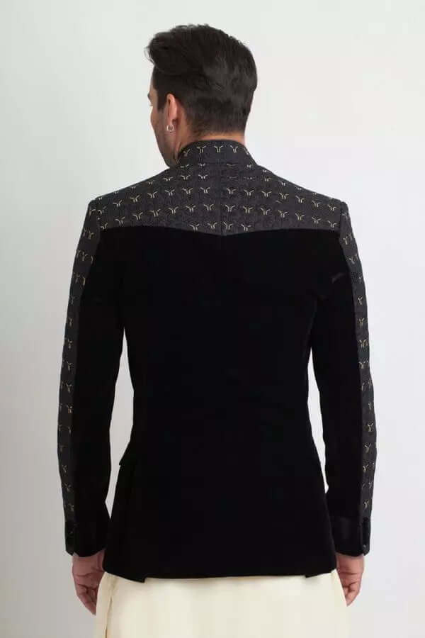 Jet Black Embroidered Textured Silk Prince Coat (2-Piece) - Image 2