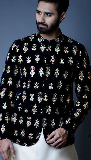 Black Velvet Gold Boti Embroidered Prince Coat (1-Pc) - Image 2