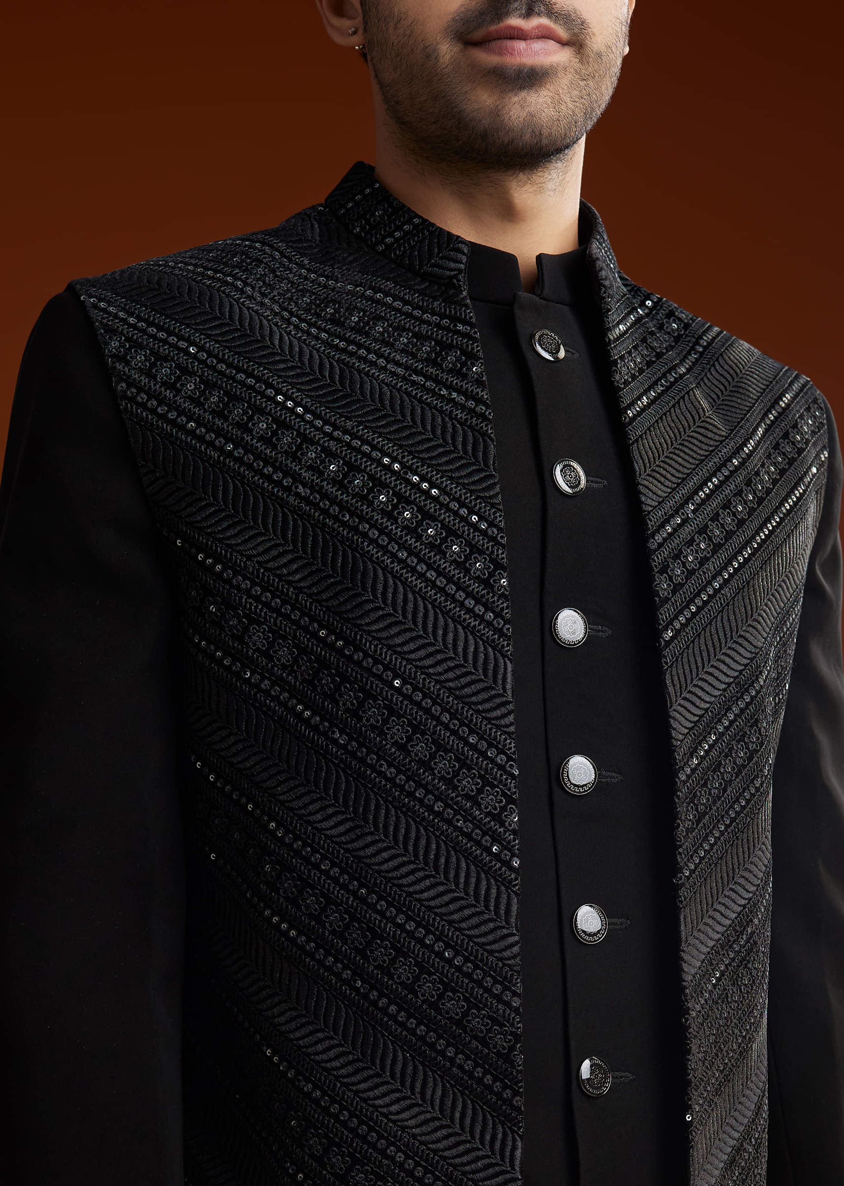 Black Embroidered Velvet Prince Coat (3-Piece) - Image 1