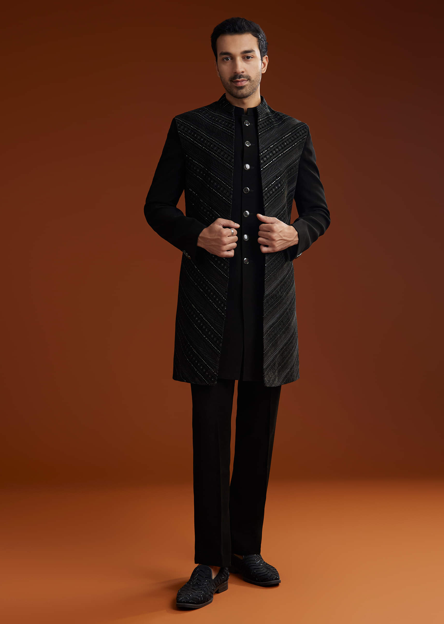 Black Embroidered Velvet Prince Coat (3-Piece) - Image 3