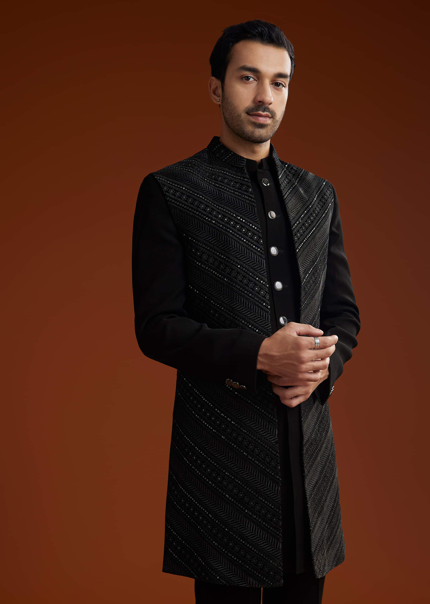 Black Embroidered Velvet Prince Coat (3-Piece) - Image 4