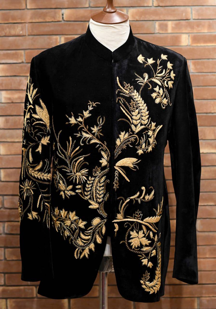 Black Velvet Embroidered Prince Coat (1-Pc) - Image 1