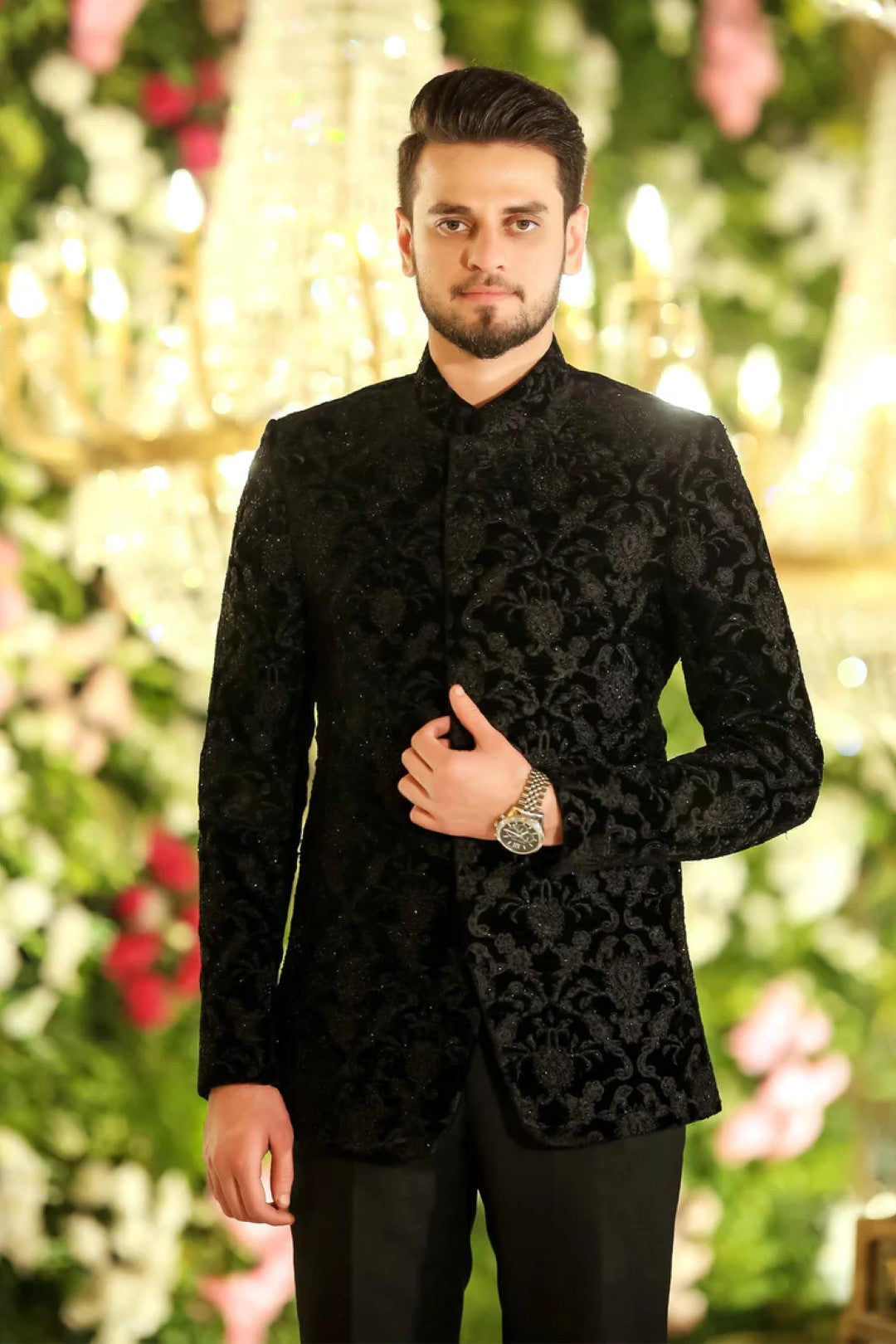 Black Embroidered Velvet Prince Coat (2-Piece) - Image 1