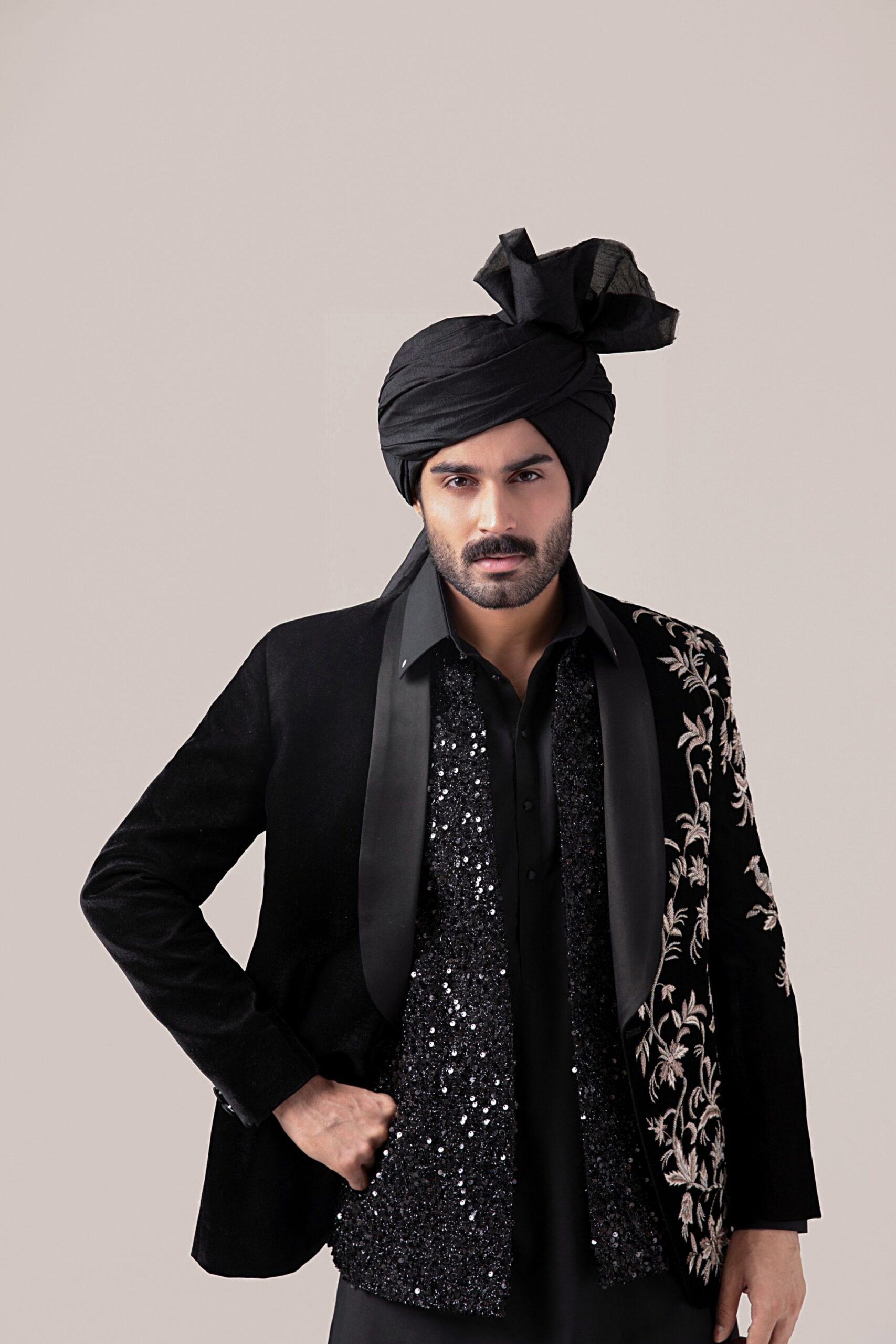 Black Embroidered Velvet Prince Coat (1-Pc) - Image 1
