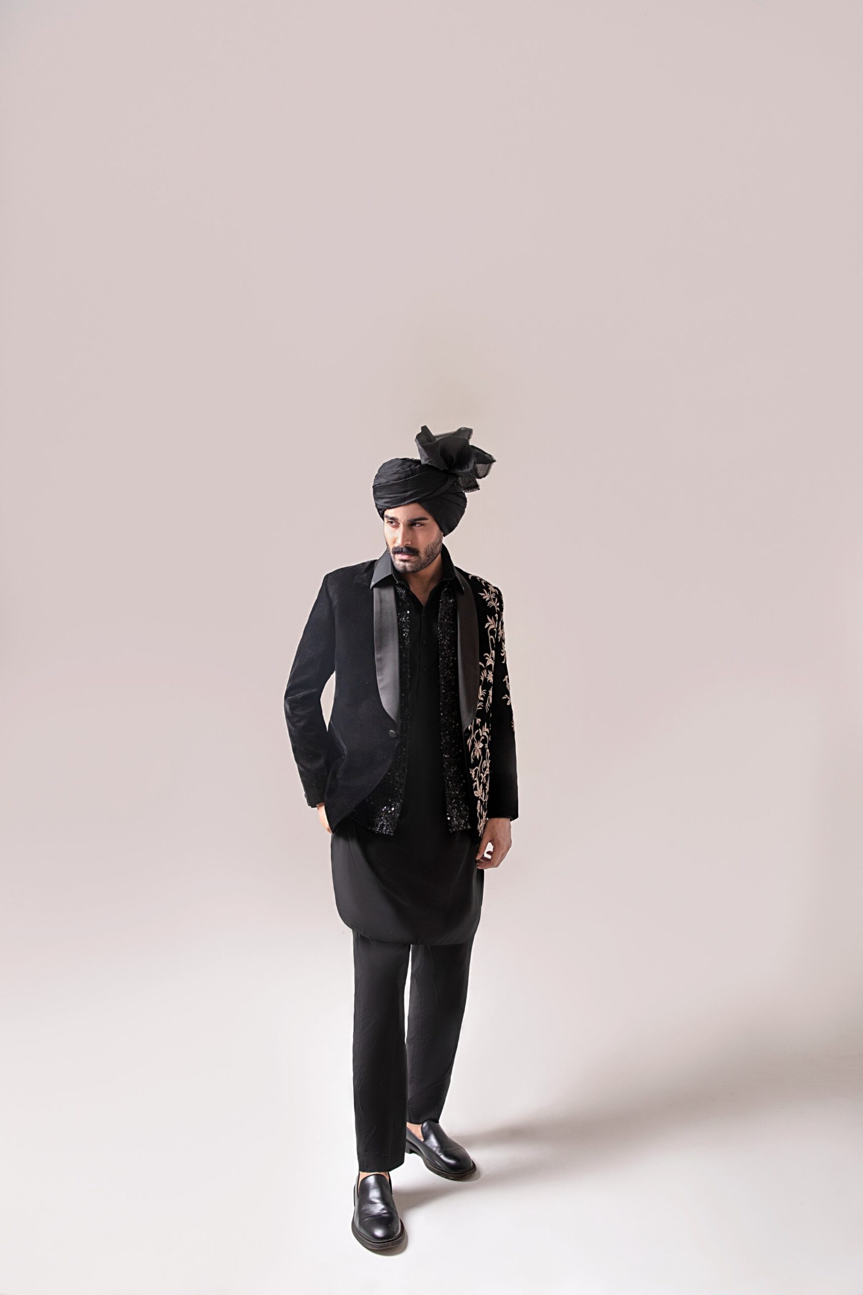 Black Embroidered Velvet Prince Coat (1-Pc) - Image 2