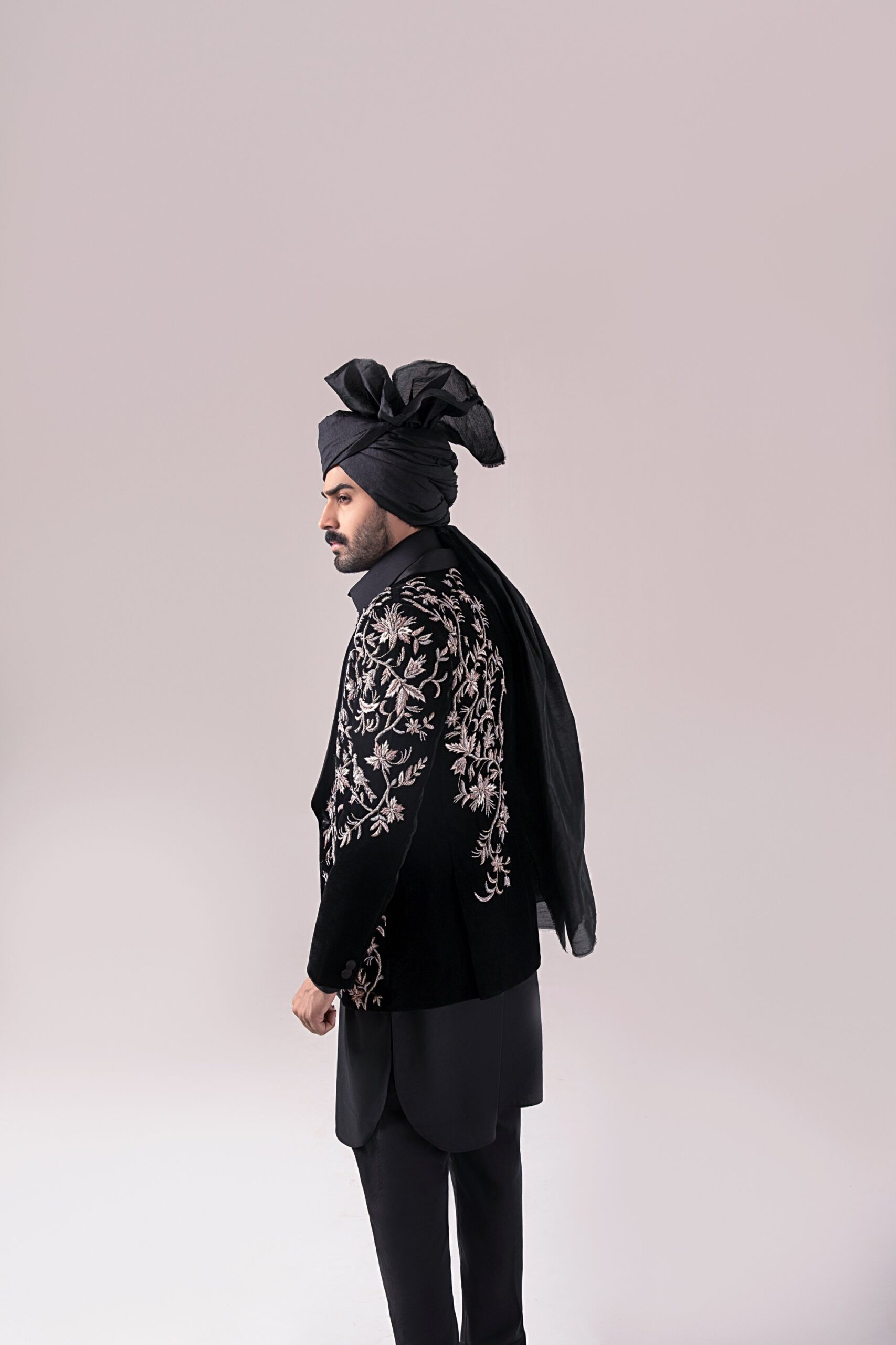 Black Embroidered Velvet Prince Coat (1-Pc) - Image 3