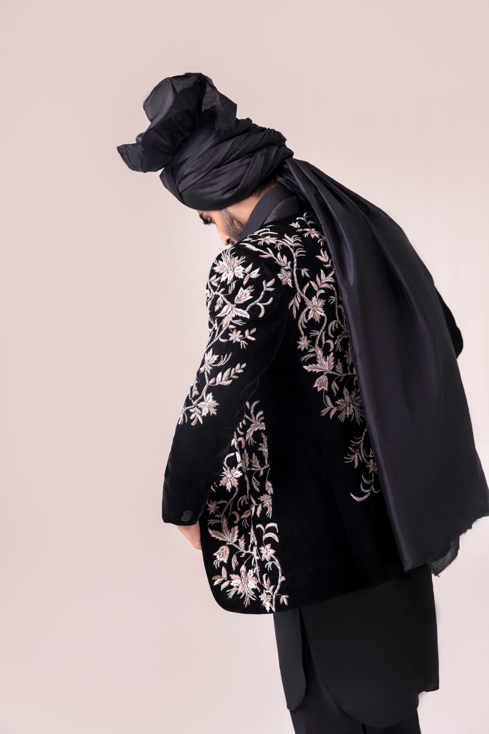 Black Embroidered Velvet Prince Coat (1-Pc) - Image 4