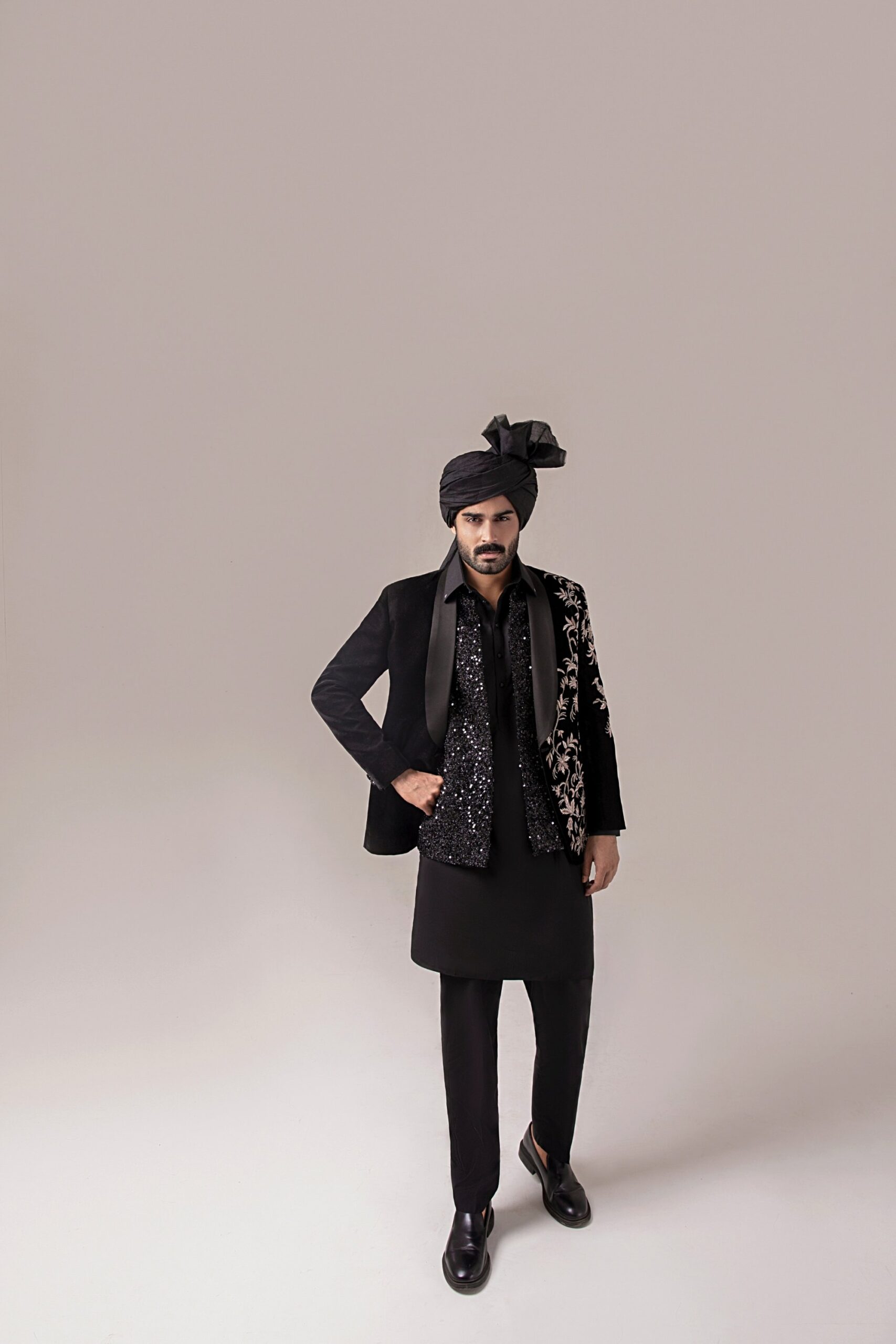 Black Embroidered Velvet Prince Coat (1-Pc) - Image 5