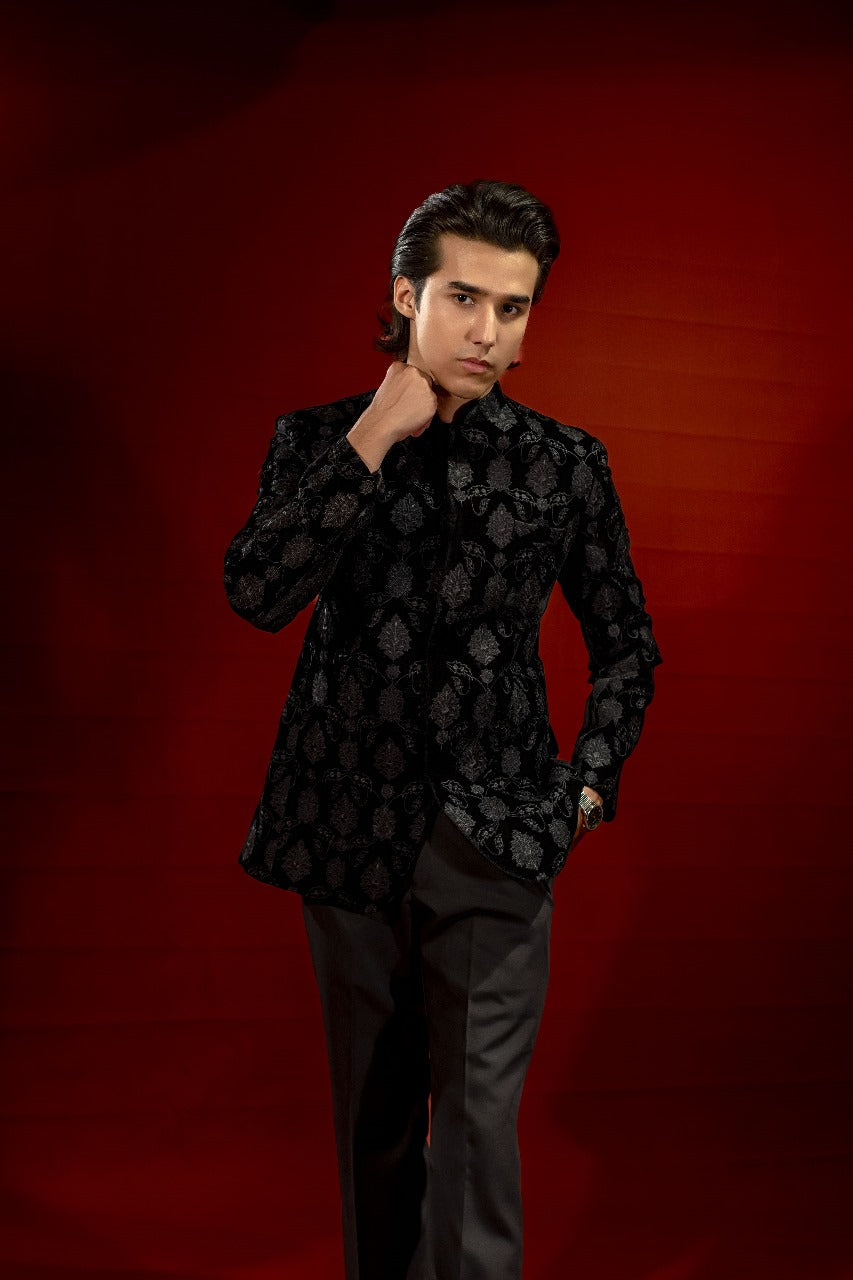 Black Embroidered Velvet Prince Coat (2-Piece) - Image 1