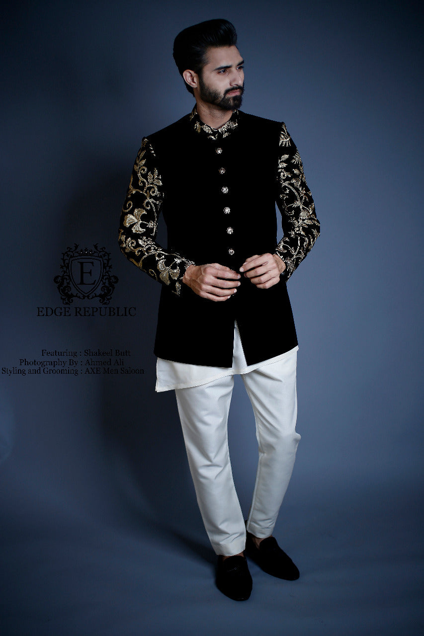 Black Gold Embroidered Velvet Prince Coat (1-Pc) - Image 1