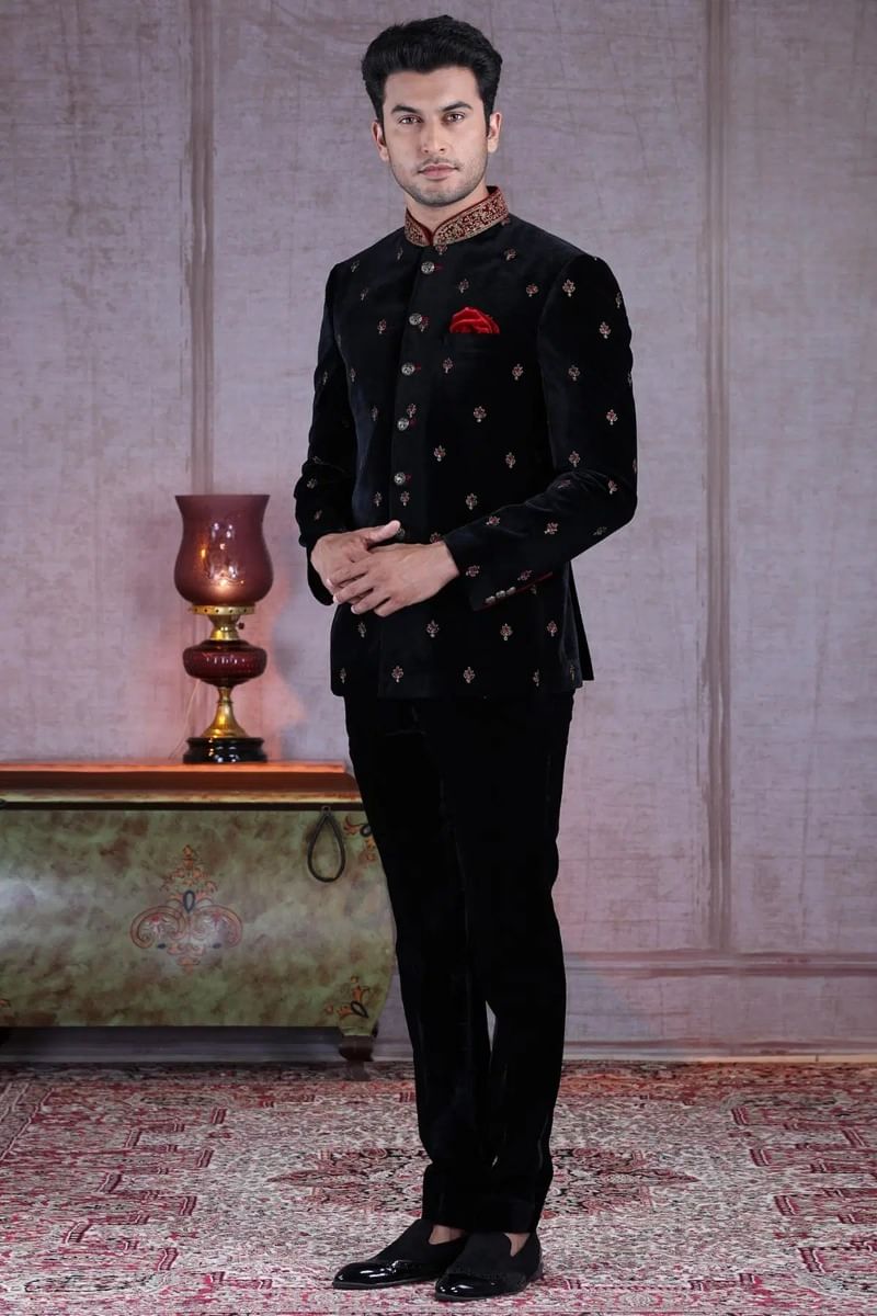 Black Resham Embroidered Velvet Jodhpuri Suit (2-Piece) - Image 1