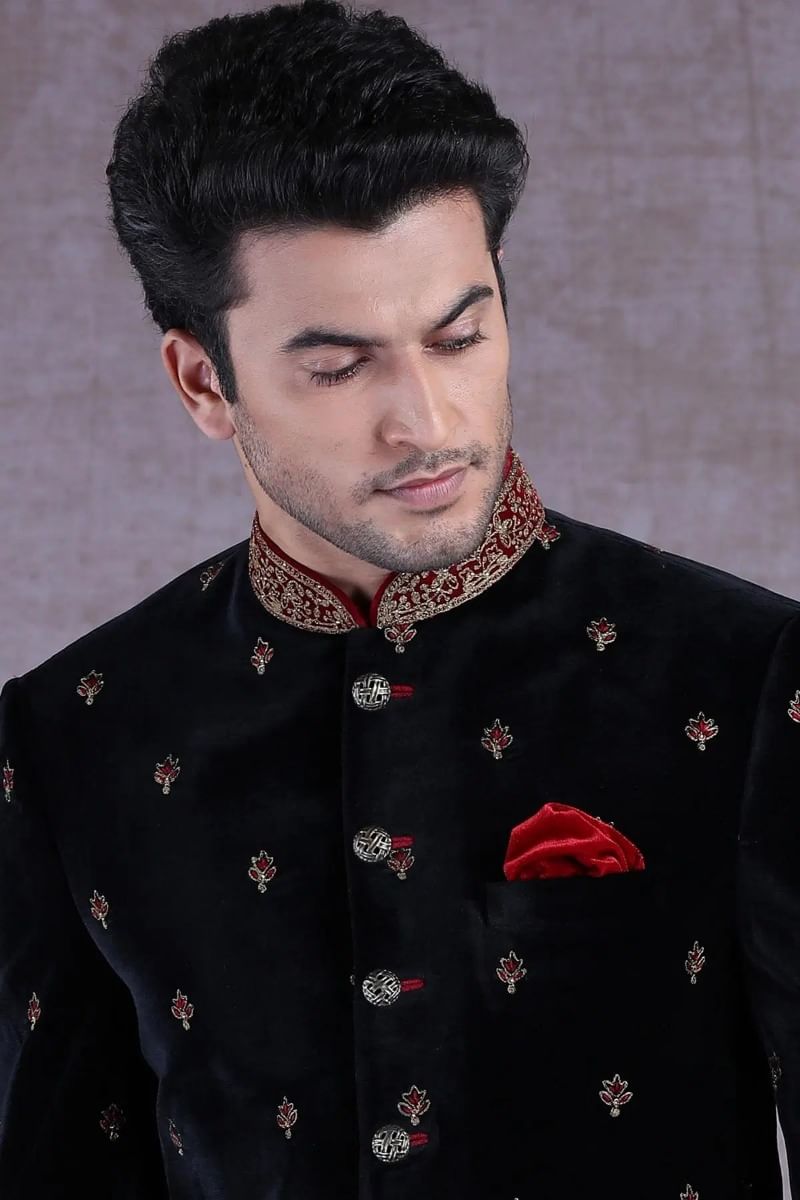Black Resham Embroidered Velvet Jodhpuri Suit (2-Piece) - Image 2