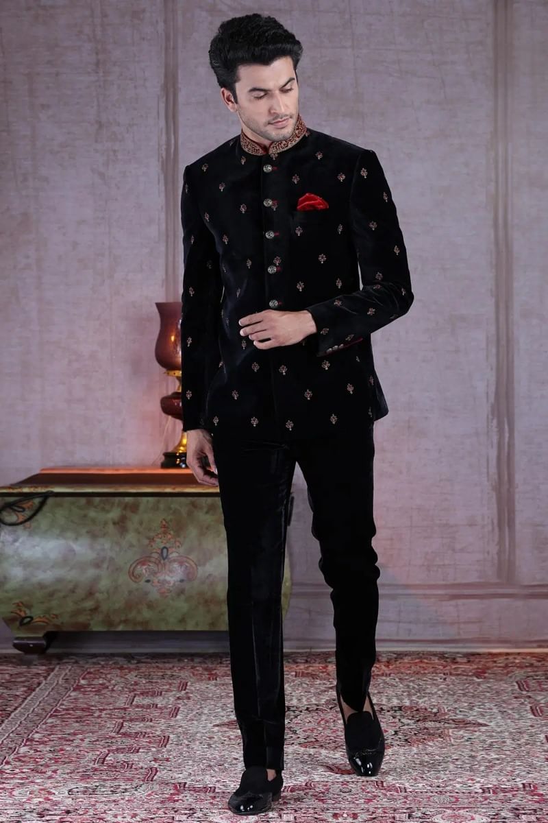 Black Resham Embroidered Velvet Jodhpuri Suit (2-Piece) - Image 3