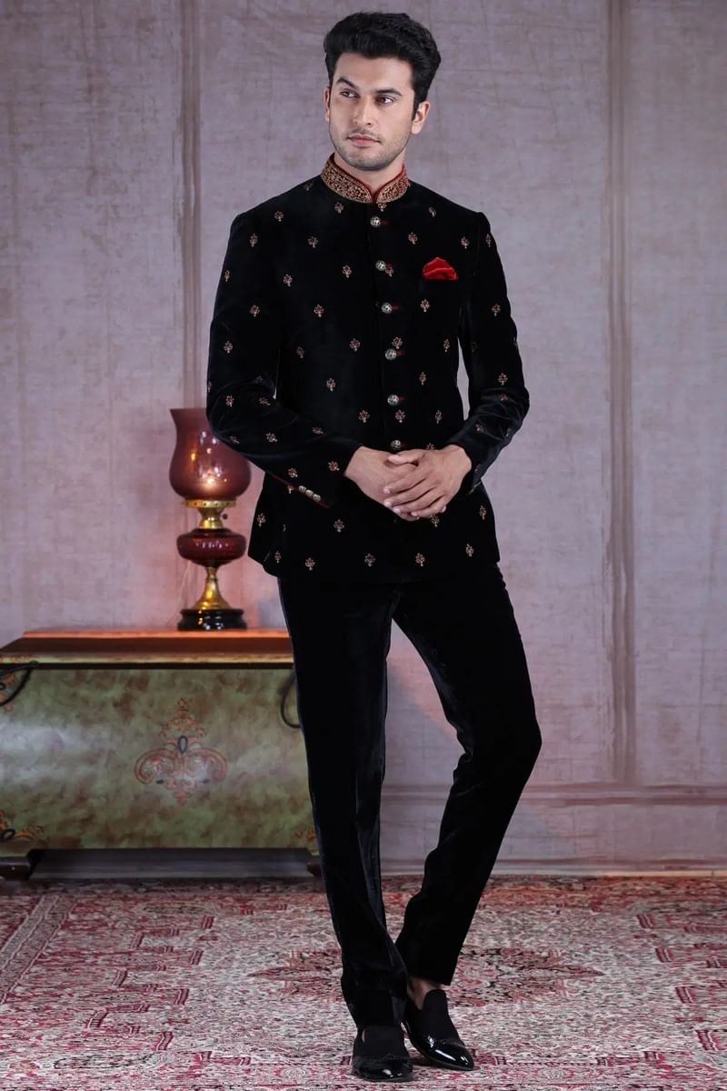 Black Resham Embroidered Velvet Jodhpuri Suit (2-Piece) - Image 4