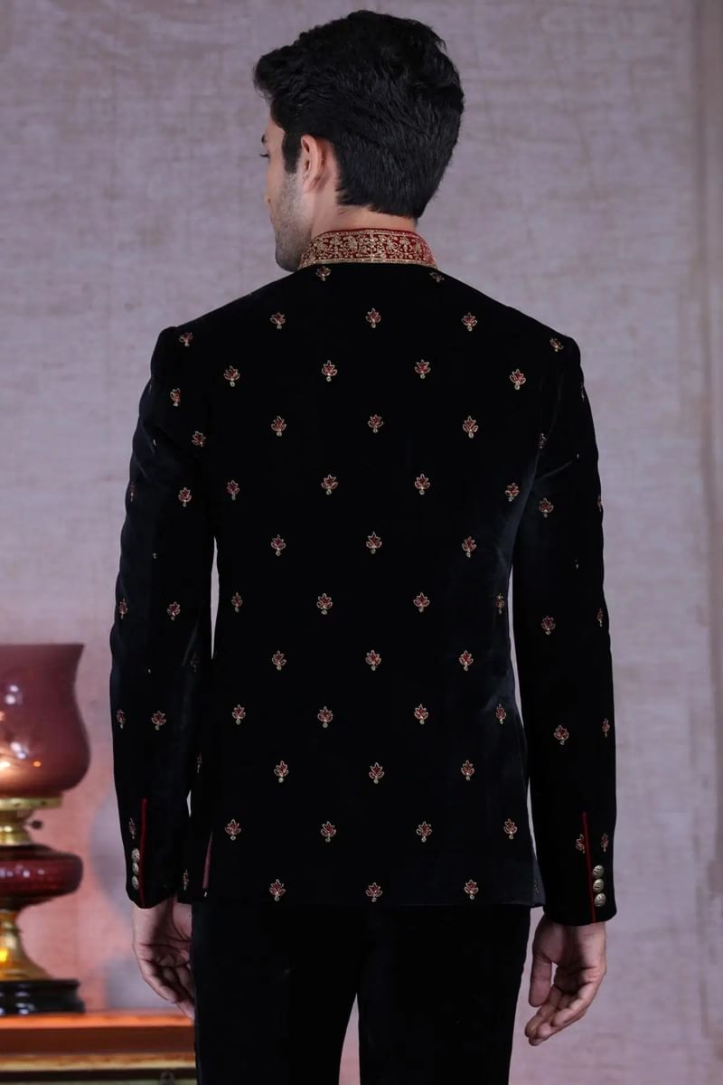 Black Resham Embroidered Velvet Jodhpuri Suit (2-Piece) - Image 5