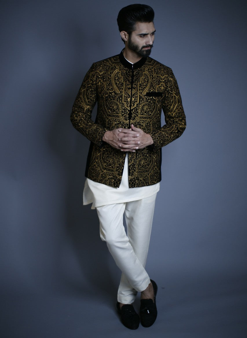 Black Self-Embroidered Velvet Prince Coat (1-Pc) - Image 1