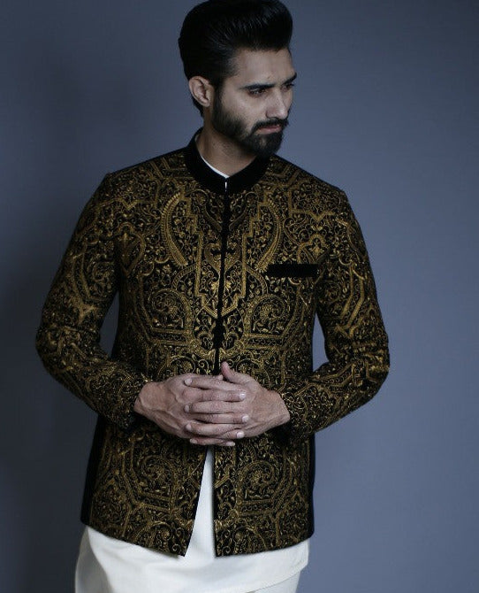 Black Self-Embroidered Velvet Prince Coat (1-Pc) - Image 2