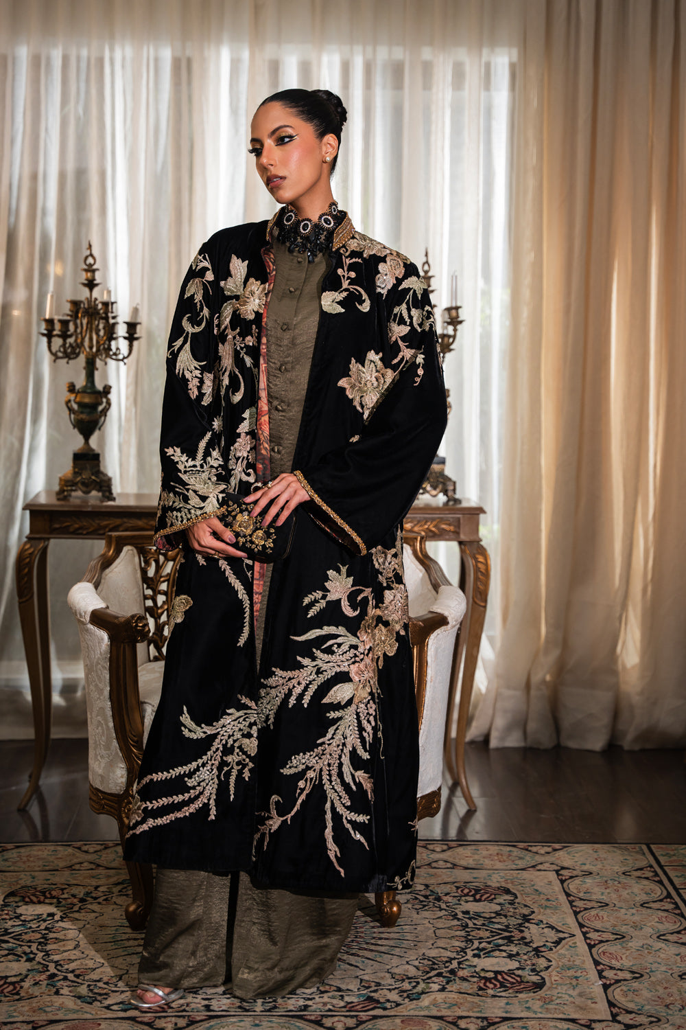 Pakistani Black Embroidered Pure Velvet Silk Jacket Set (3-Piece) - Image 1