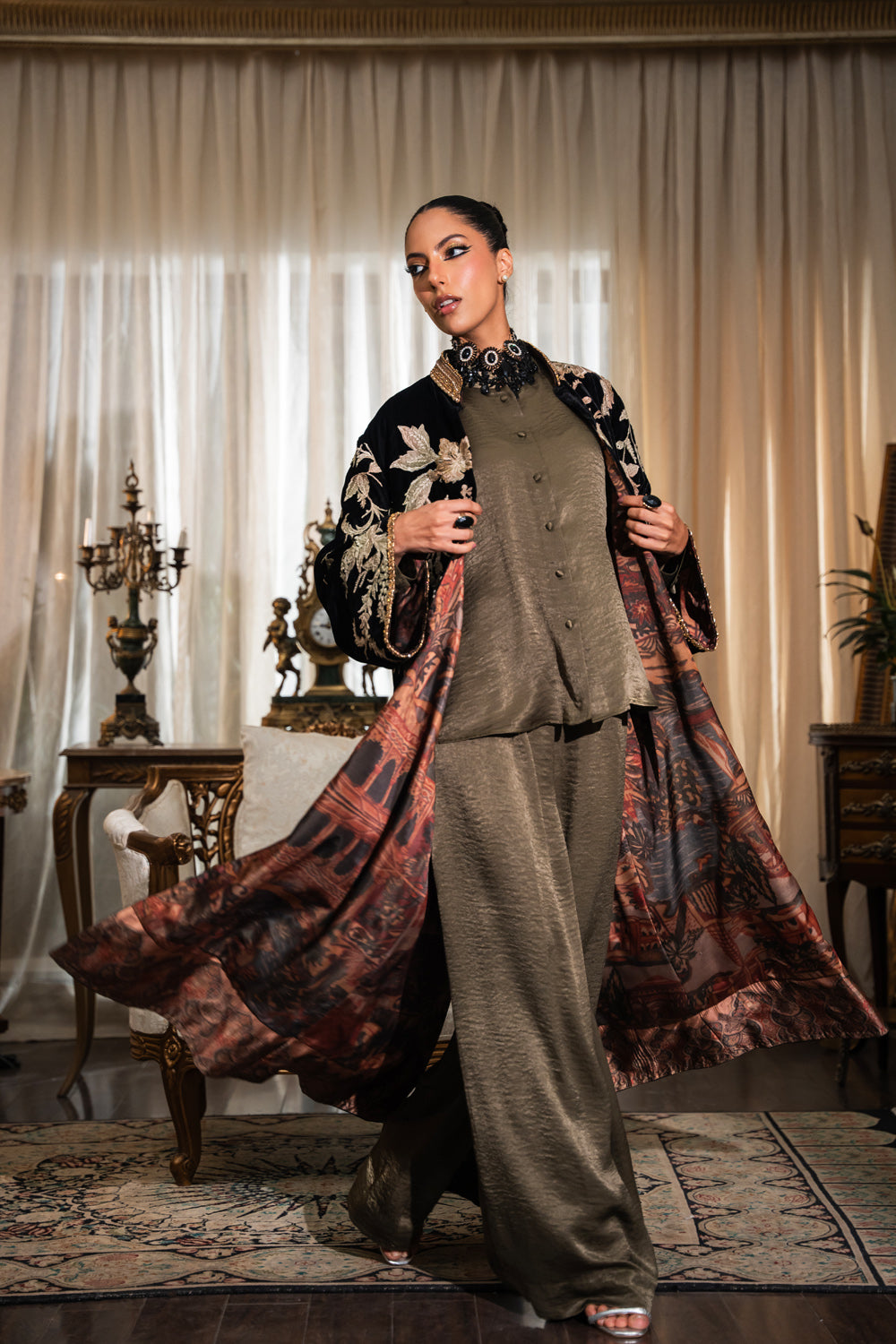 Pakistani Black Embroidered Pure Velvet Silk Jacket Set (3-Piece) - Image 5