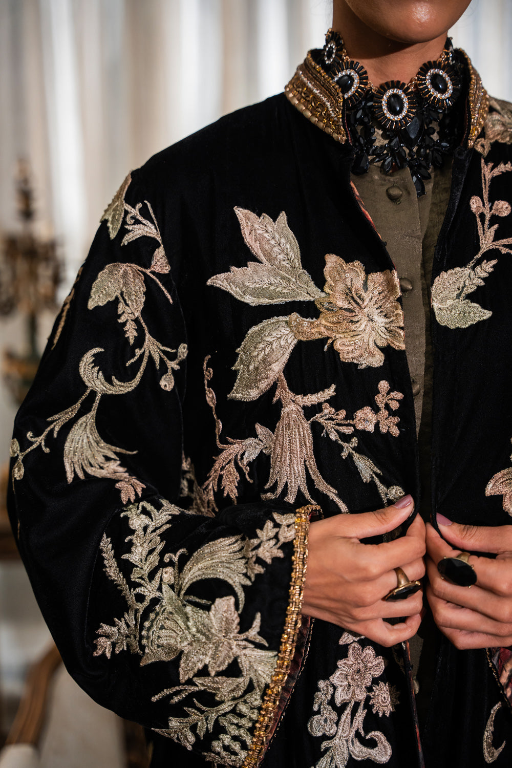 Pakistani Black Embroidered Pure Velvet Silk Jacket Set (3-Piece) - Image 7