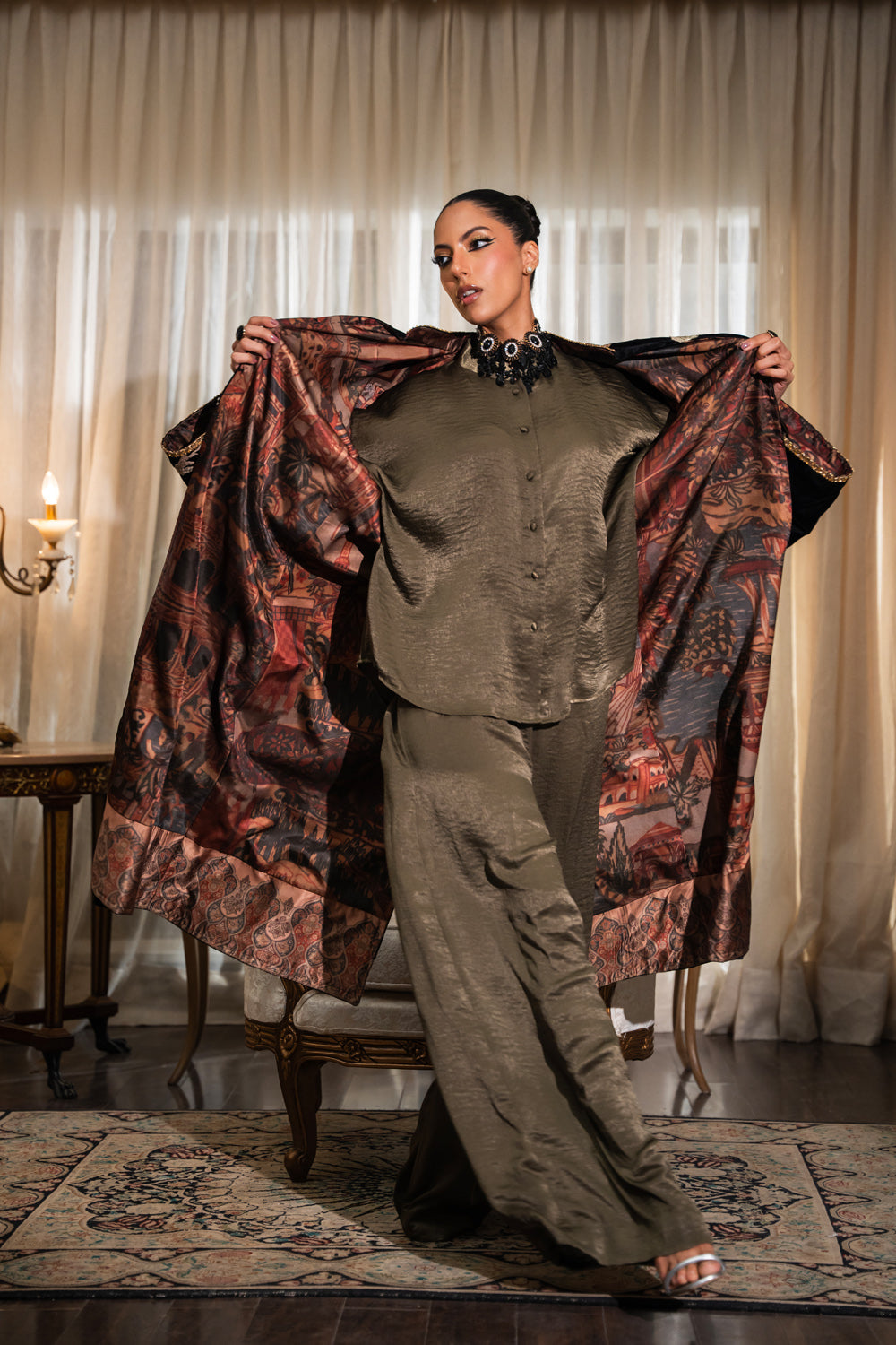 Pakistani Black Embroidered Pure Velvet Silk Jacket Set (3-Piece) - Image 8