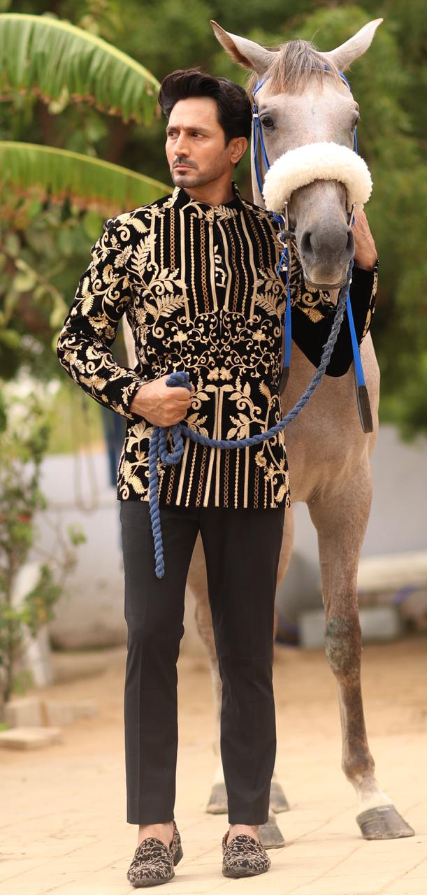 Black Gold Embroidered Velvet Prince Coat (1-Pc) - Image 1