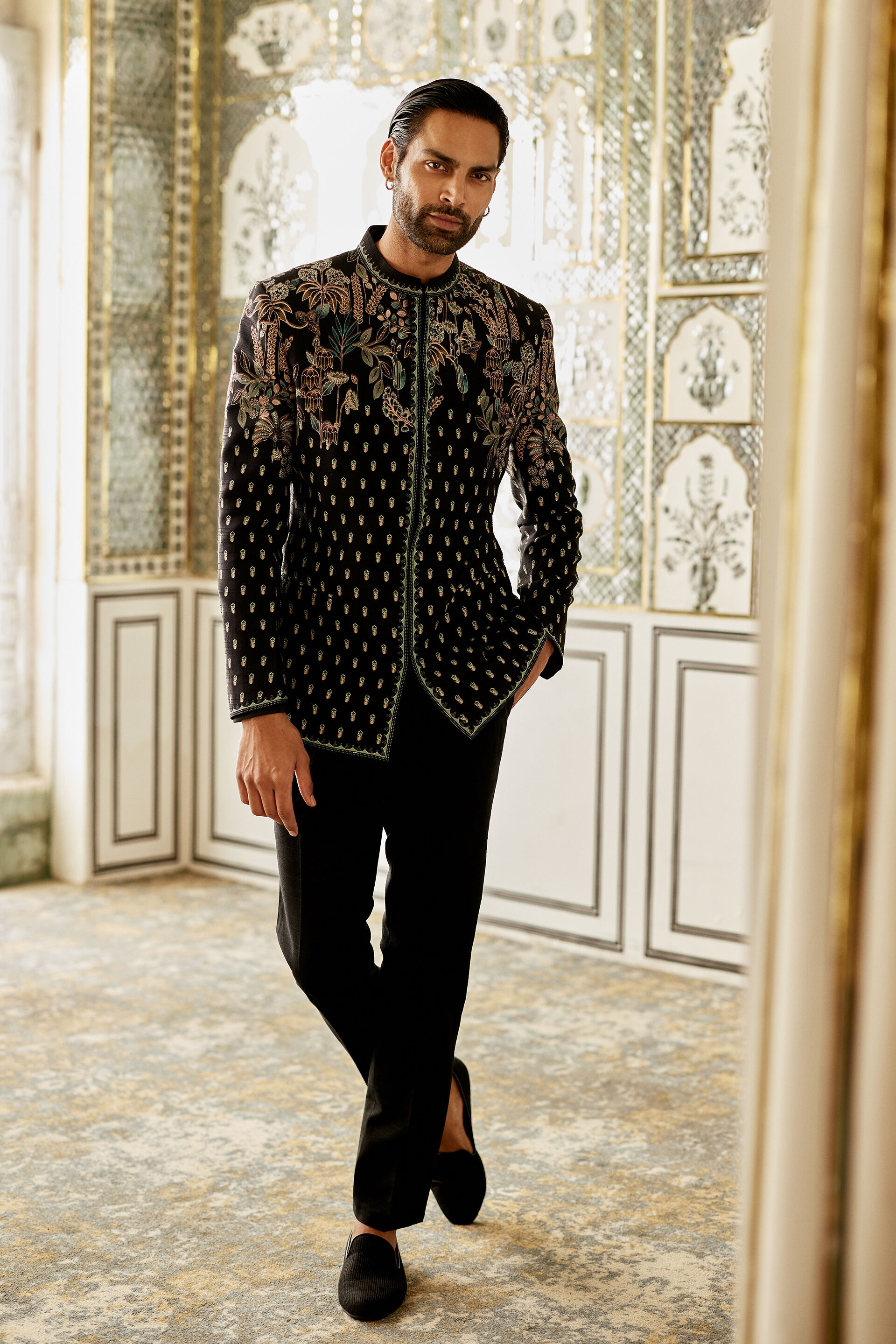 Black Botanical Embroidered Viscose-Lyocell Prince Coat (2-Piece) - Image 1