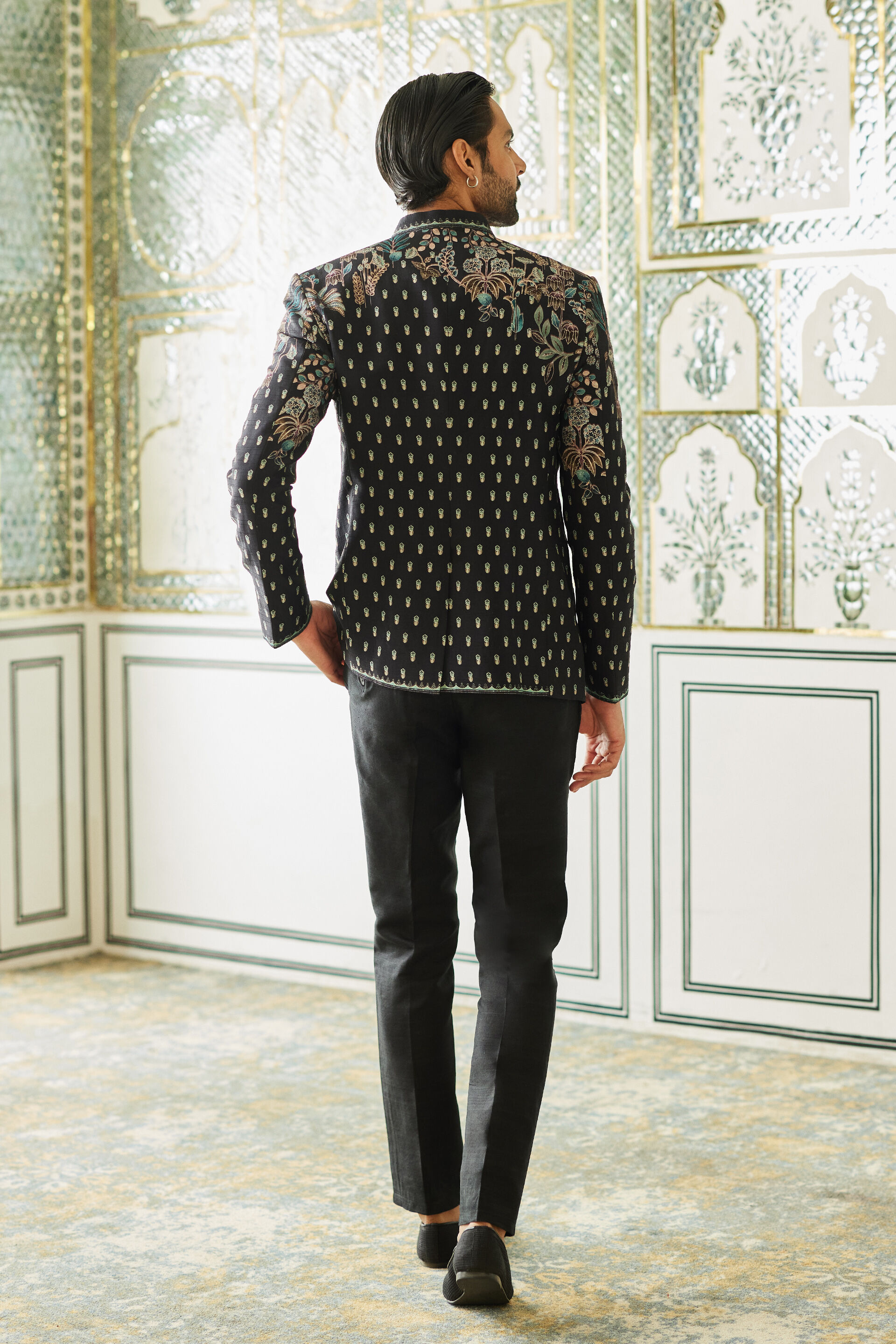 Black Botanical Embroidered Viscose-Lyocell Prince Coat (2-Piece) - Image 2