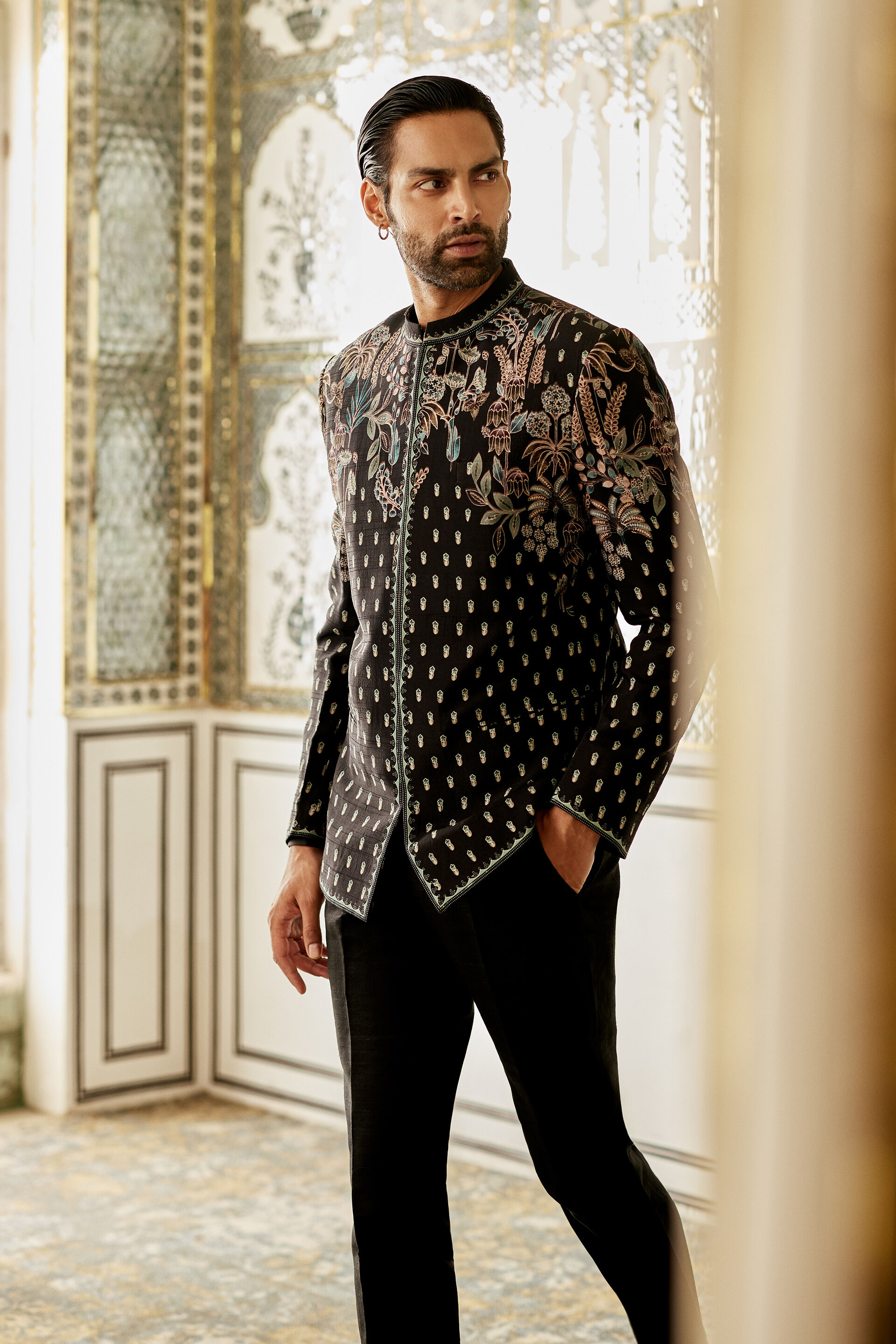 Black Botanical Embroidered Viscose-Lyocell Prince Coat (2-Piece) - Image 3