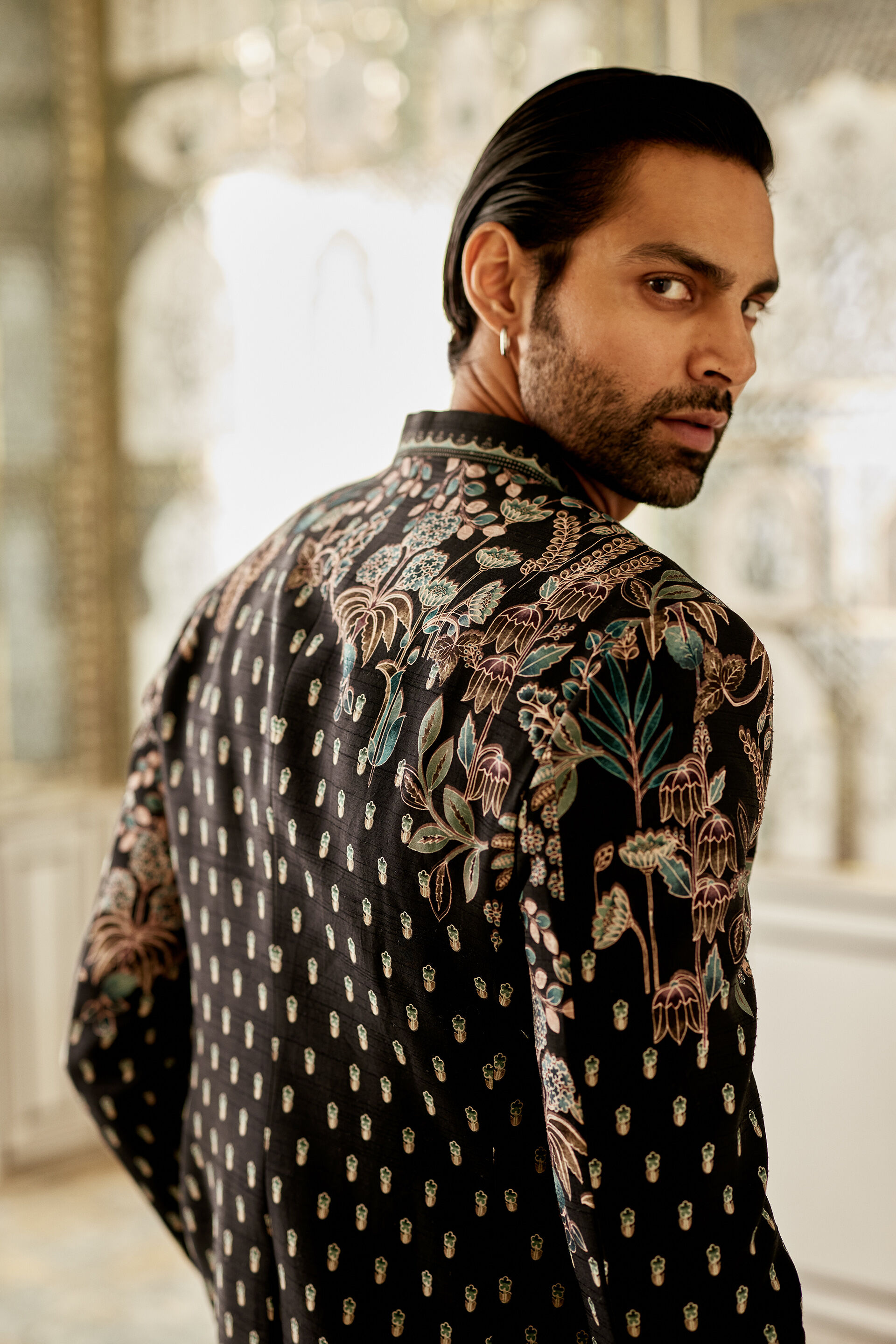 Black Botanical Embroidered Viscose-Lyocell Prince Coat (2-Piece) - Image 5