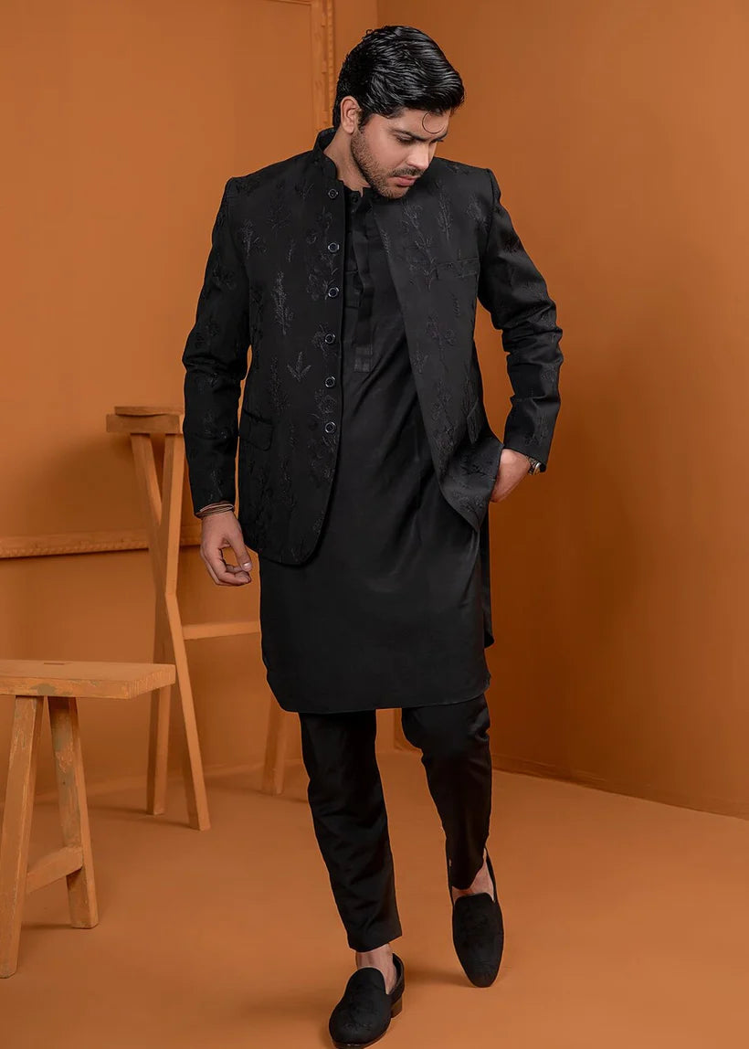 Black Embroidered Wash & Wear Prince Coat (3-Piece) - Image 3