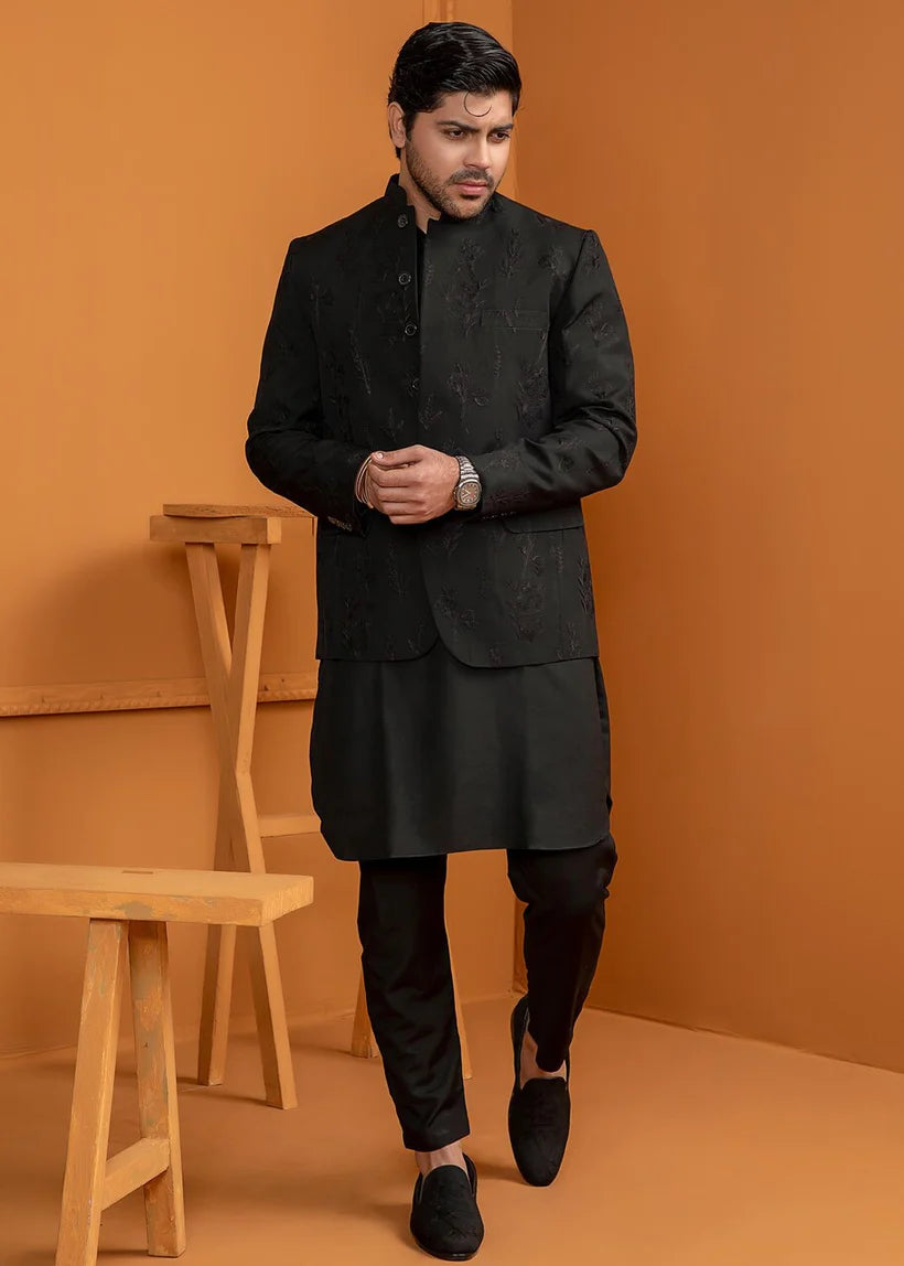 Black Embroidered Wash & Wear Prince Coat (3-Piece) - Image 1