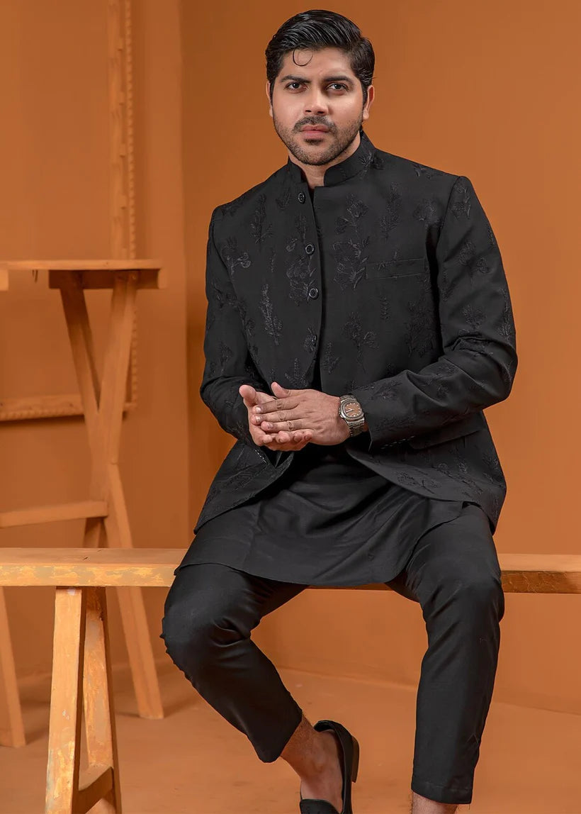 Black Embroidered Wash & Wear Prince Coat (3-Piece) - Image 2