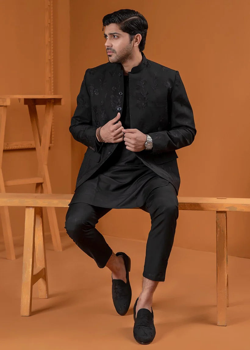 Black Embroidered Wash & Wear Prince Coat (3-Piece) - Image 4