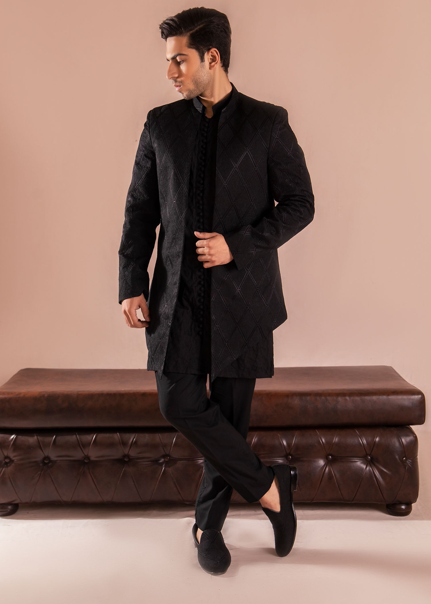 Black Embroidered Wash & Wear Sherwani Set (3-Piece) - Image 1