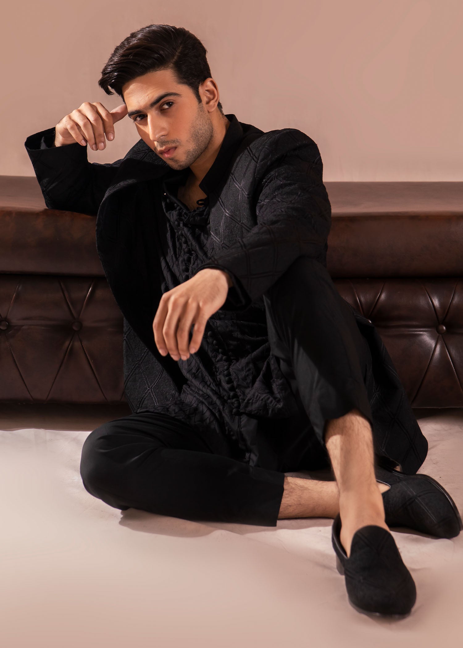 Black Embroidered Wash & Wear Sherwani Set (3-Piece) - Image 2