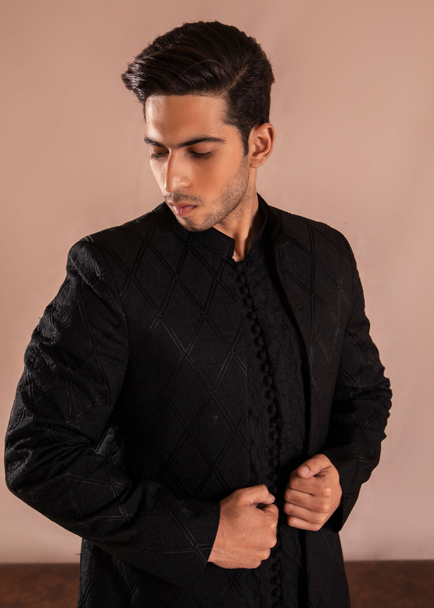 Black Embroidered Wash & Wear Sherwani Set (3-Piece) - Image 3