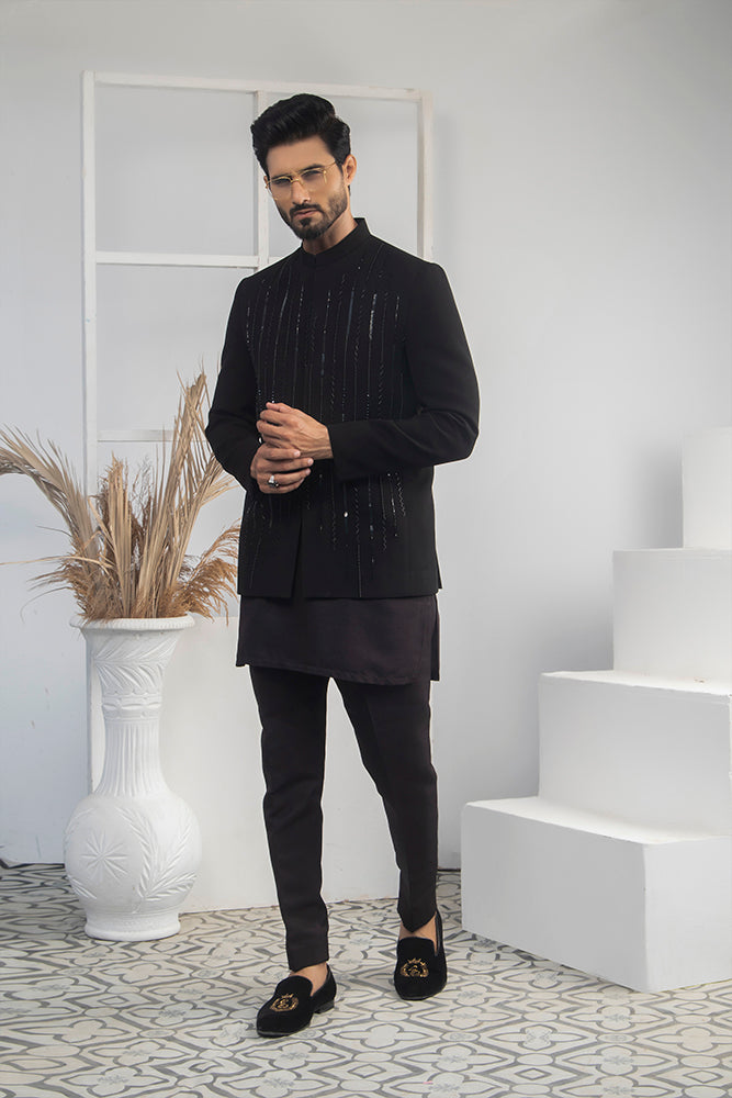 Black Embellished Water-Resistant Prince Coat (1-Pc) - Image 3